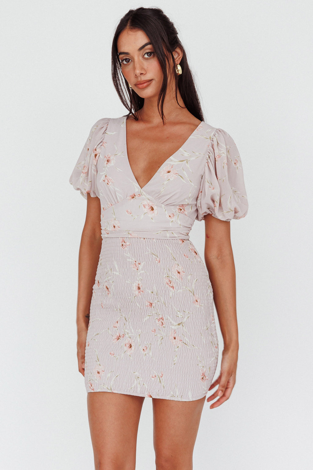 La Nena Shirred Mini Dress Floral Blush by Selfie Leslie Australia
