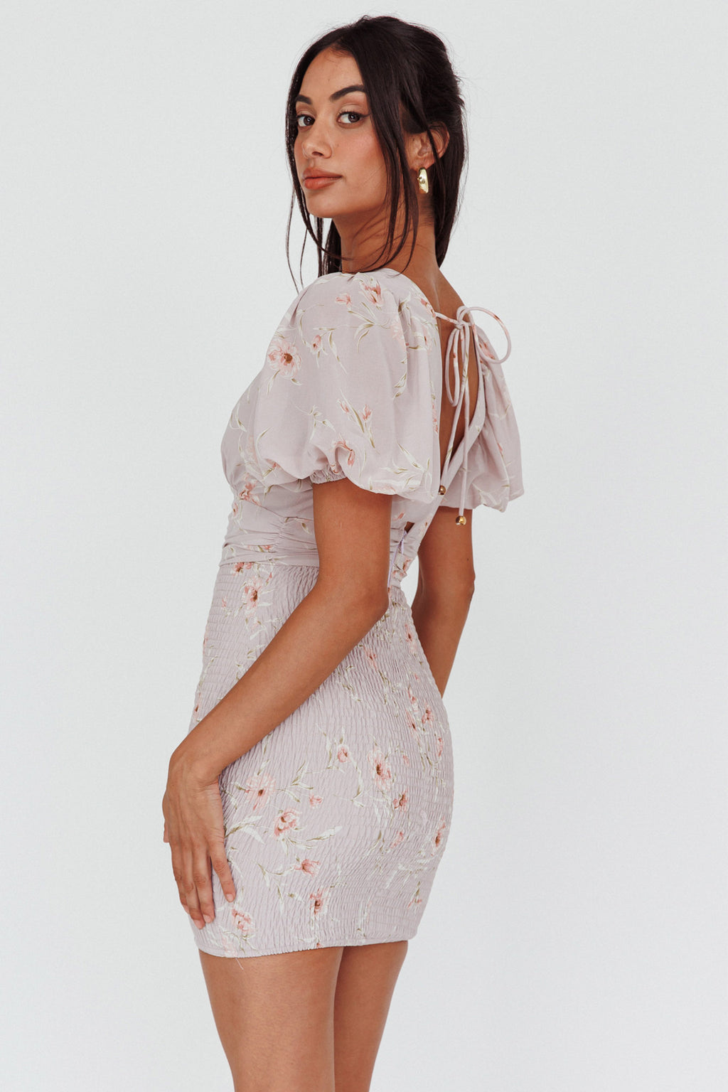 La Nena Shirred Mini Dress Floral Blush by Selfie Leslie Australia