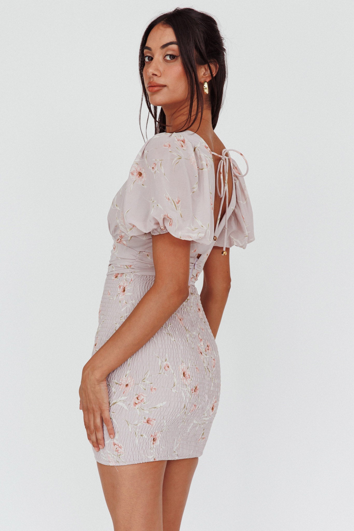 La Nena Shirred Mini Dress Floral Blush by Selfie Leslie Australia