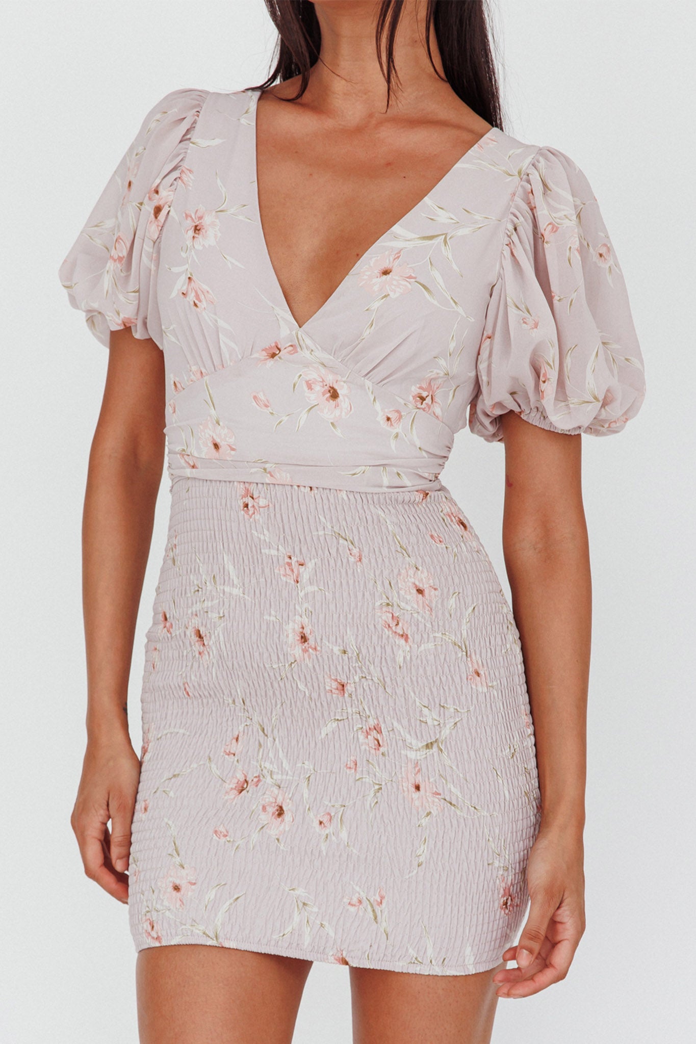 La Nena Shirred Mini Dress Floral Blush by Selfie Leslie Australia