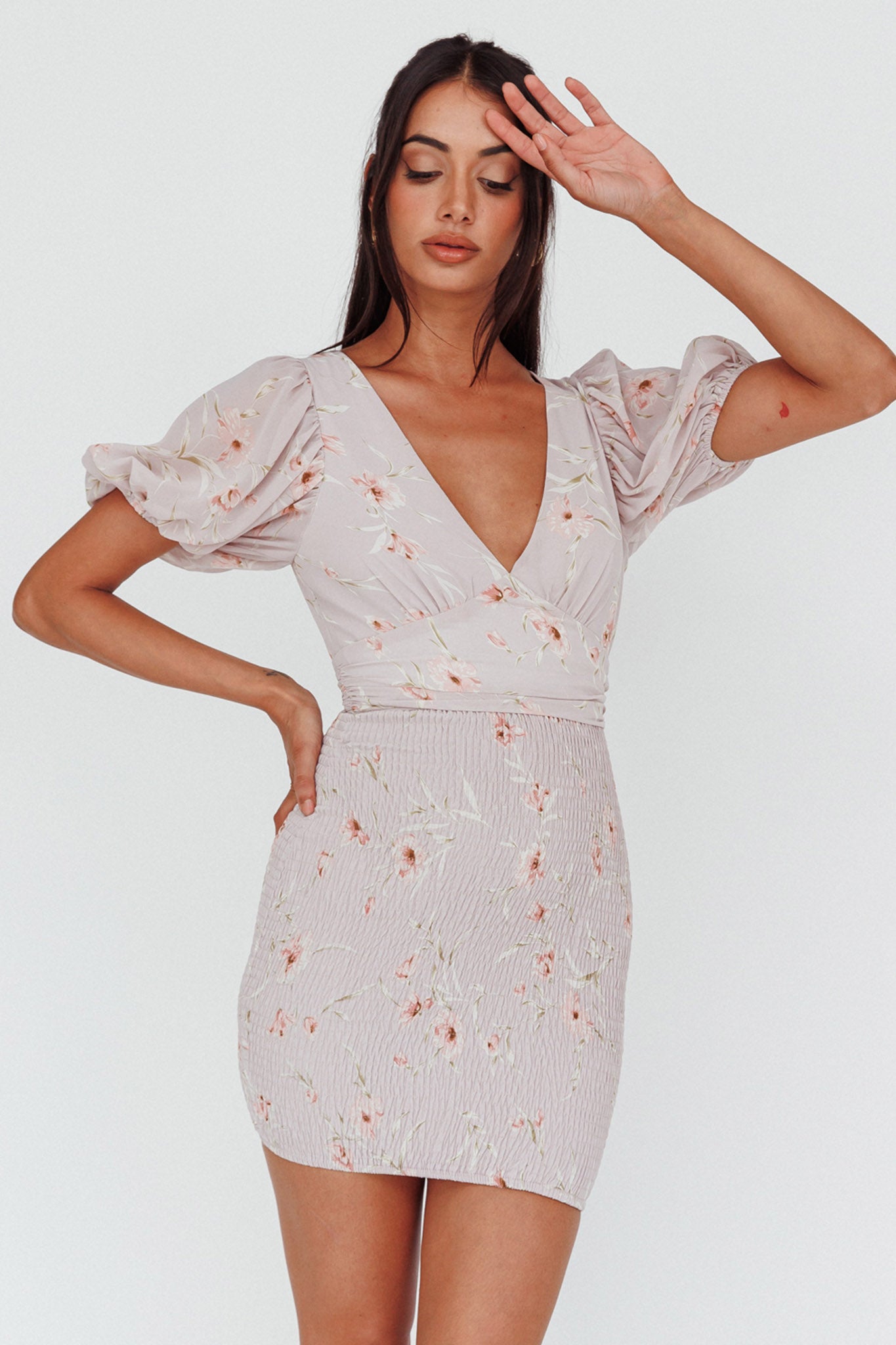 La Nena Shirred Mini Dress Floral Blush by Selfie Leslie Australia