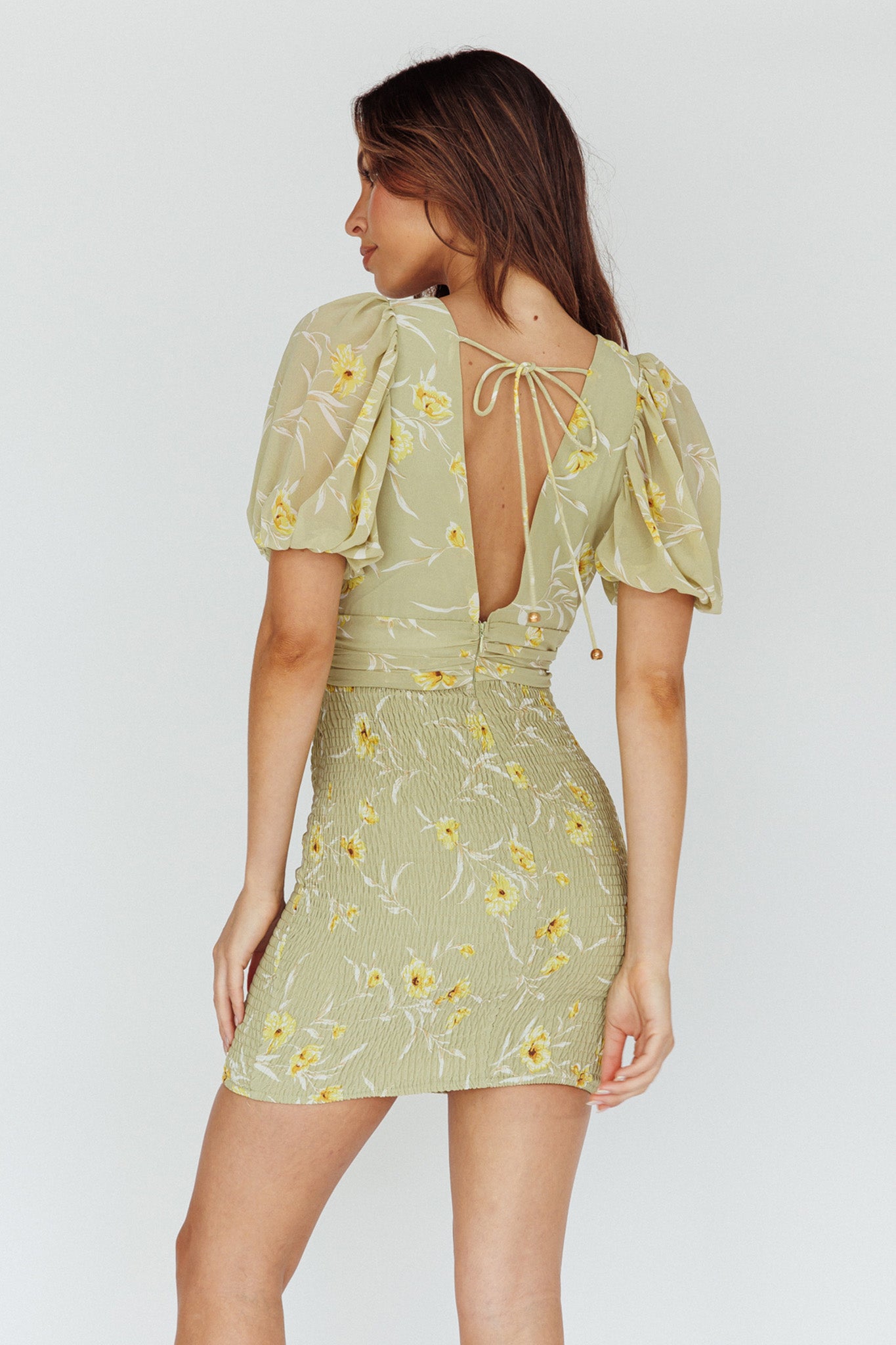 La Nena Shirred Mini Dress Floral Green by Selfie Leslie Australia