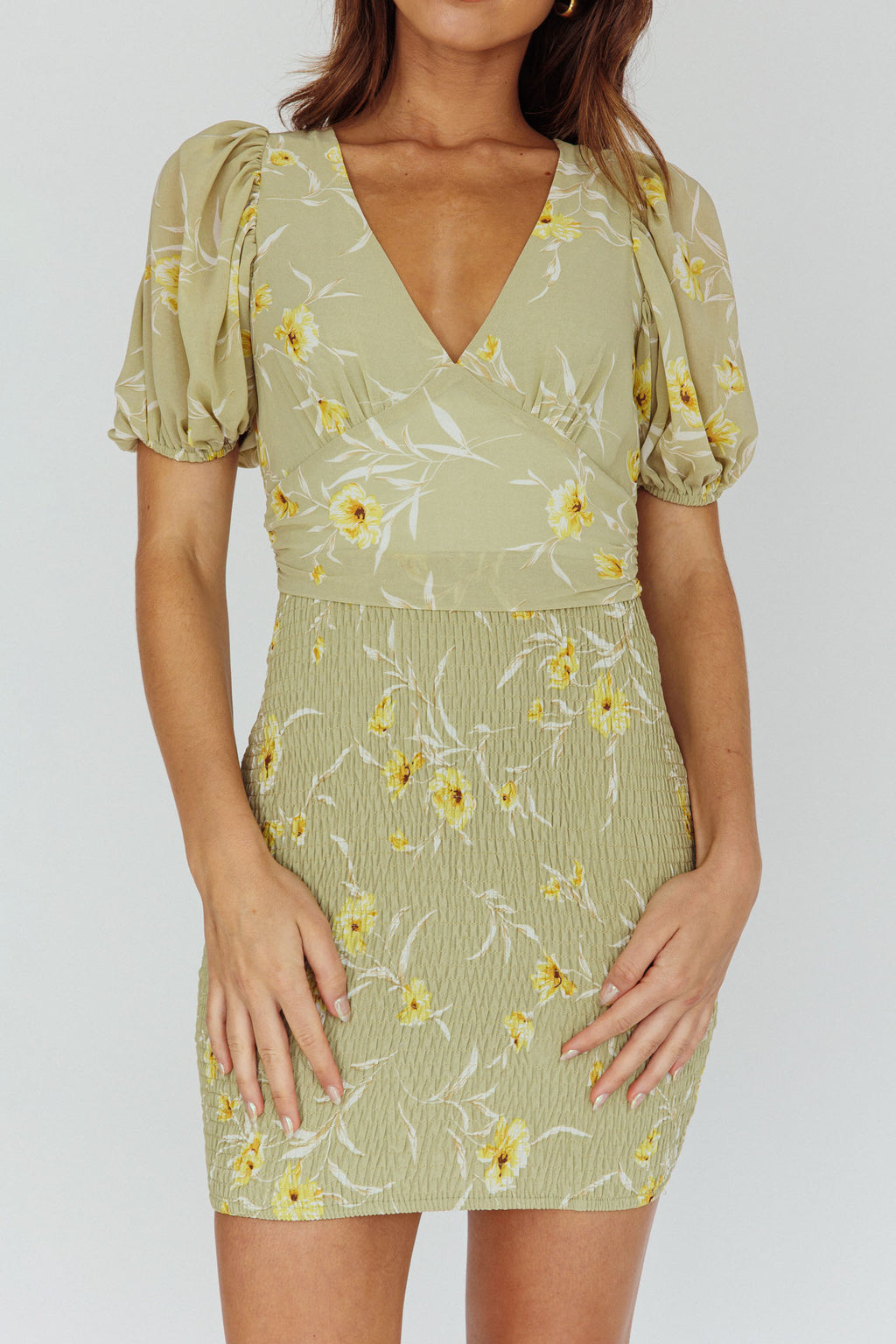 La Nena Shirred Mini Dress Floral Green by Selfie Leslie Australia