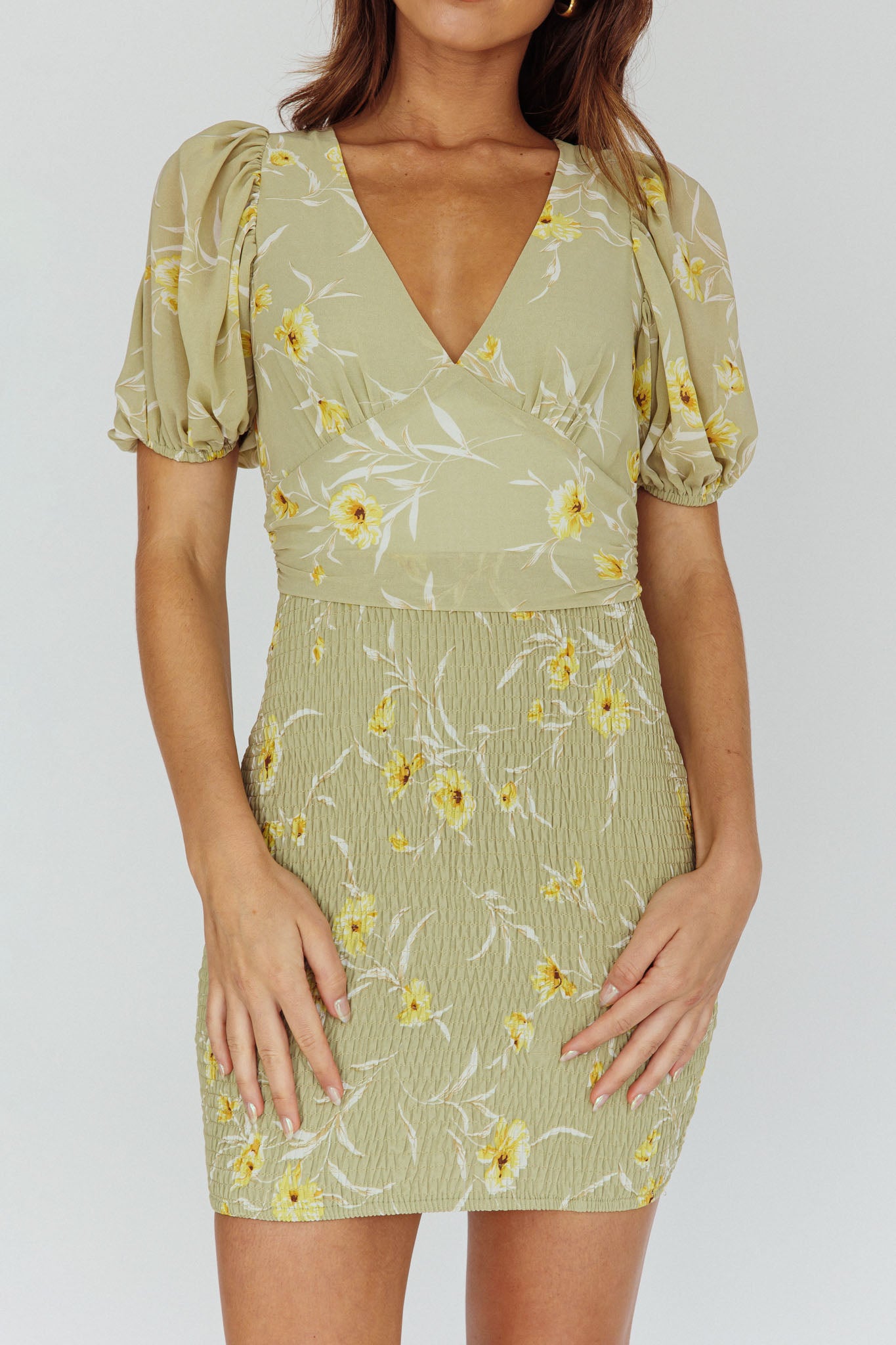 La Nena Shirred Mini Dress Floral Green by Selfie Leslie Australia