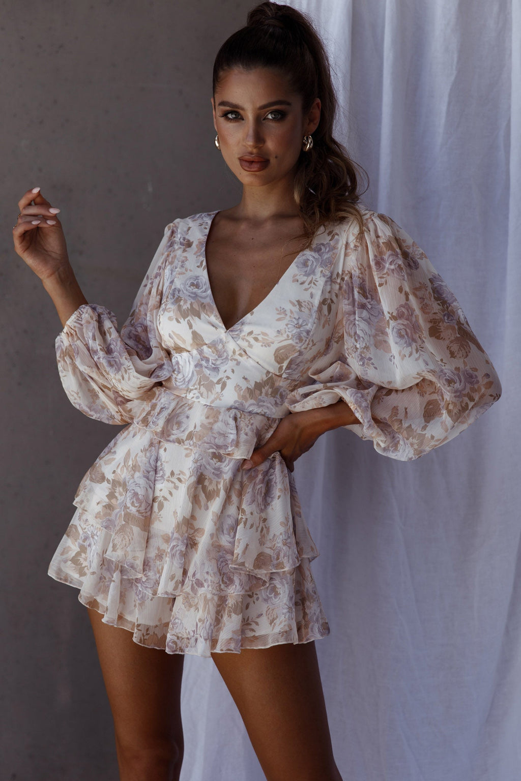 La Nena Frill Trim Flounce Romper Floral Cream by Selfie Leslie