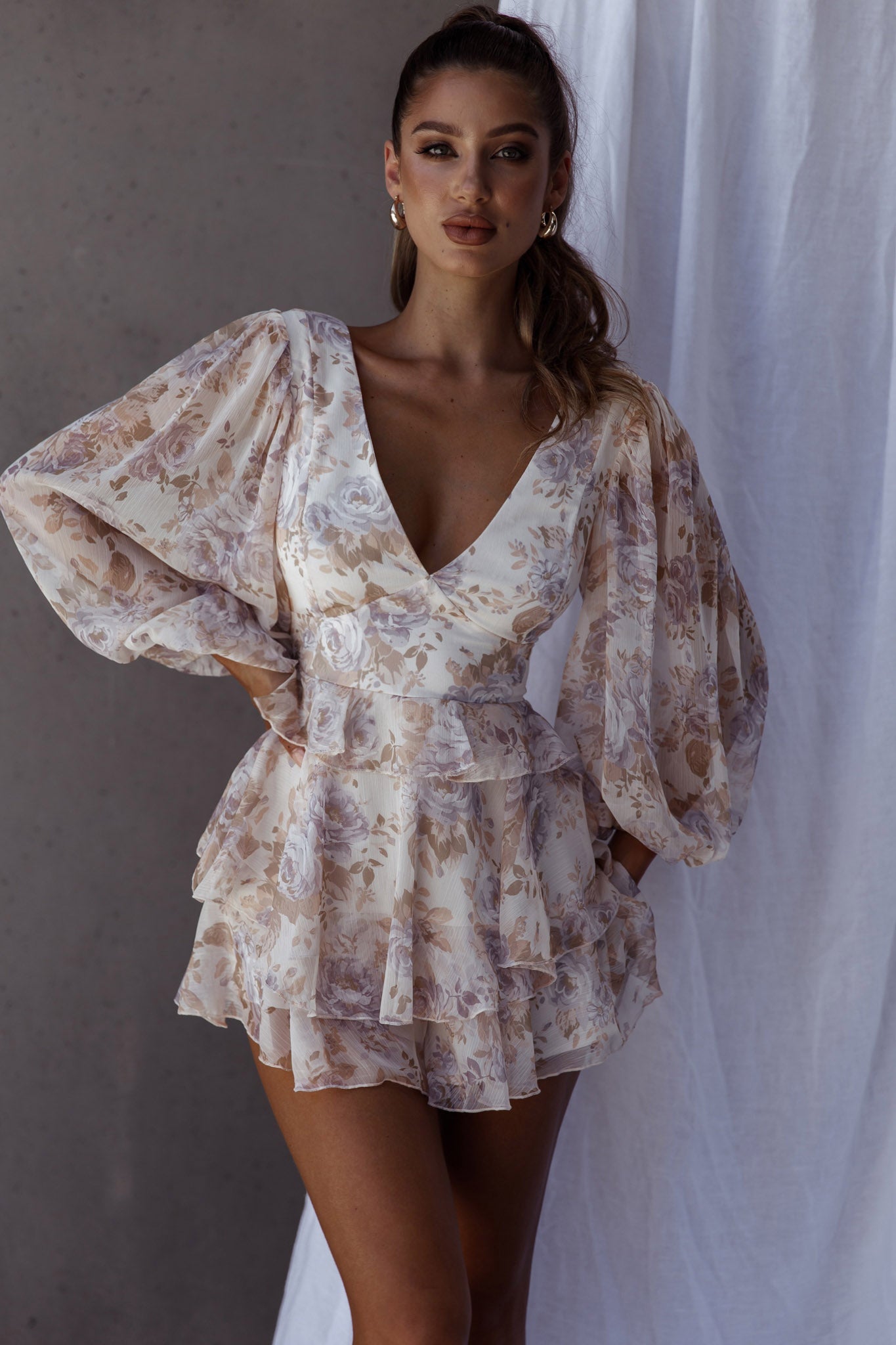 La Nena Frill Trim Flounce Romper Floral Cream by Selfie Leslie