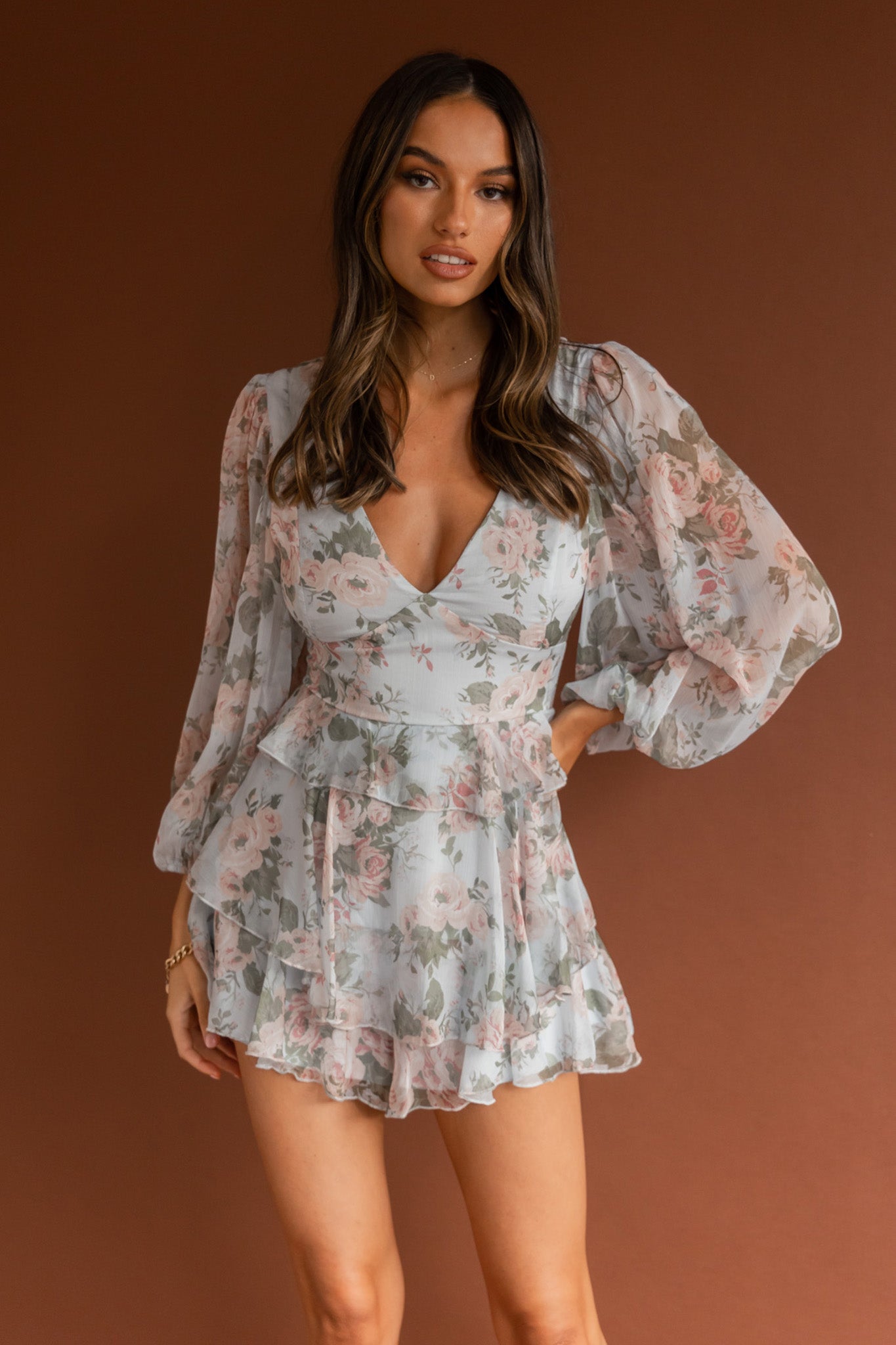 La Nena Frill Trim Flounce Romper Floral Green by Selfie Leslie