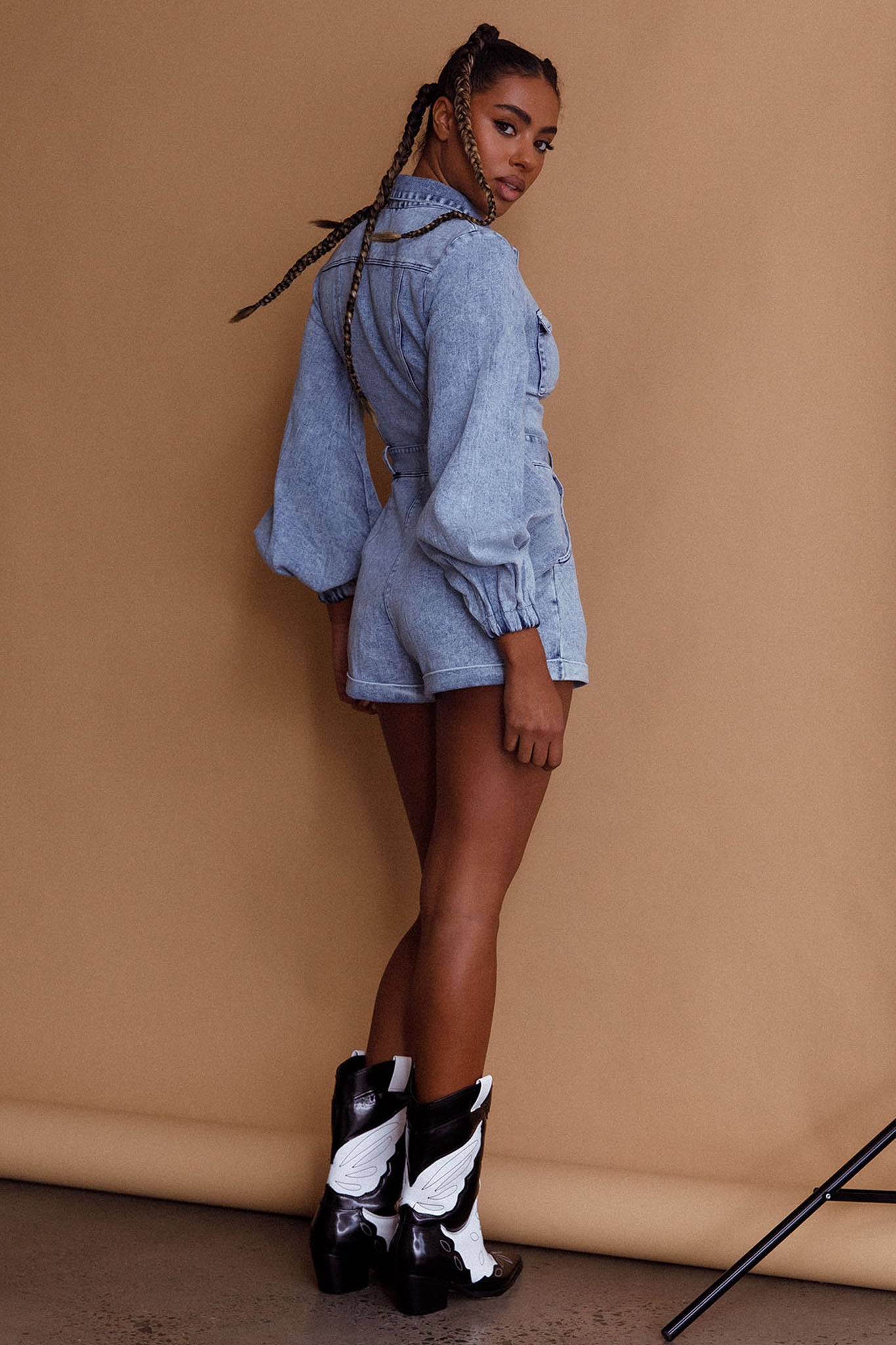 California Girl Lantern Sleeve Waist Tie Romper Blue by Selfie Leslie Australia