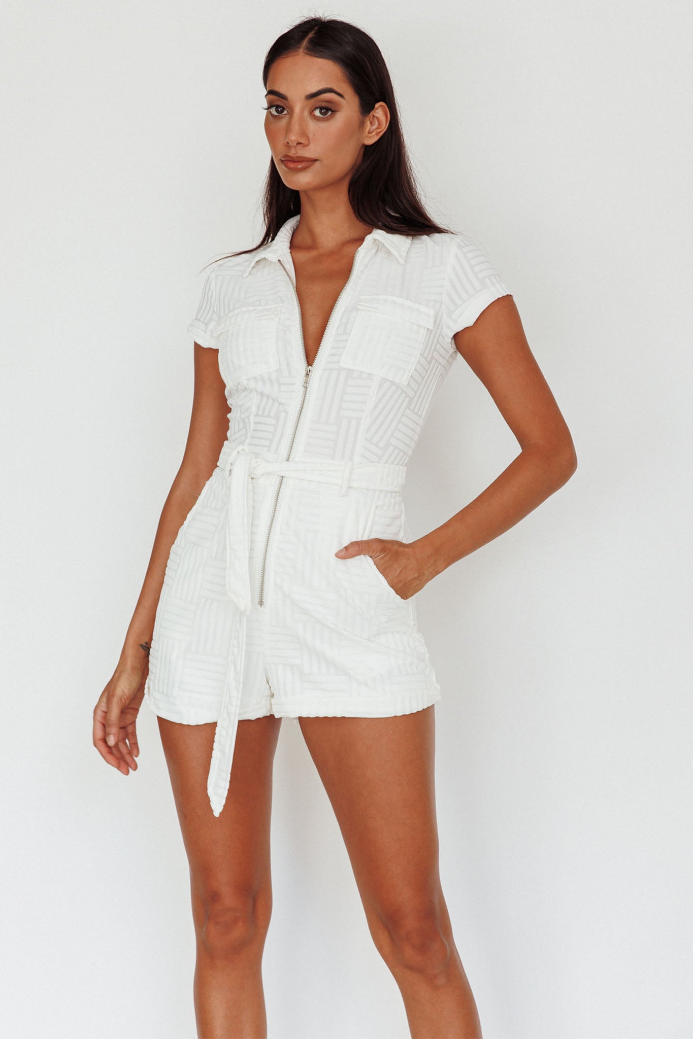 California Girl Short Sleeve Waist Tie Romper White by Selfie Leslie Australia