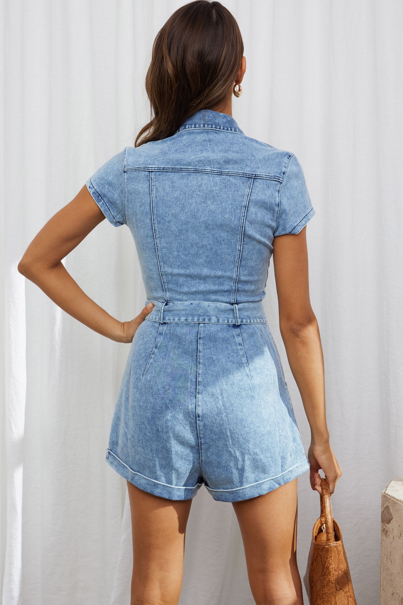 California Girl Short Sleeve Waist Tie Romper Denim Blue by Selfie Leslie
