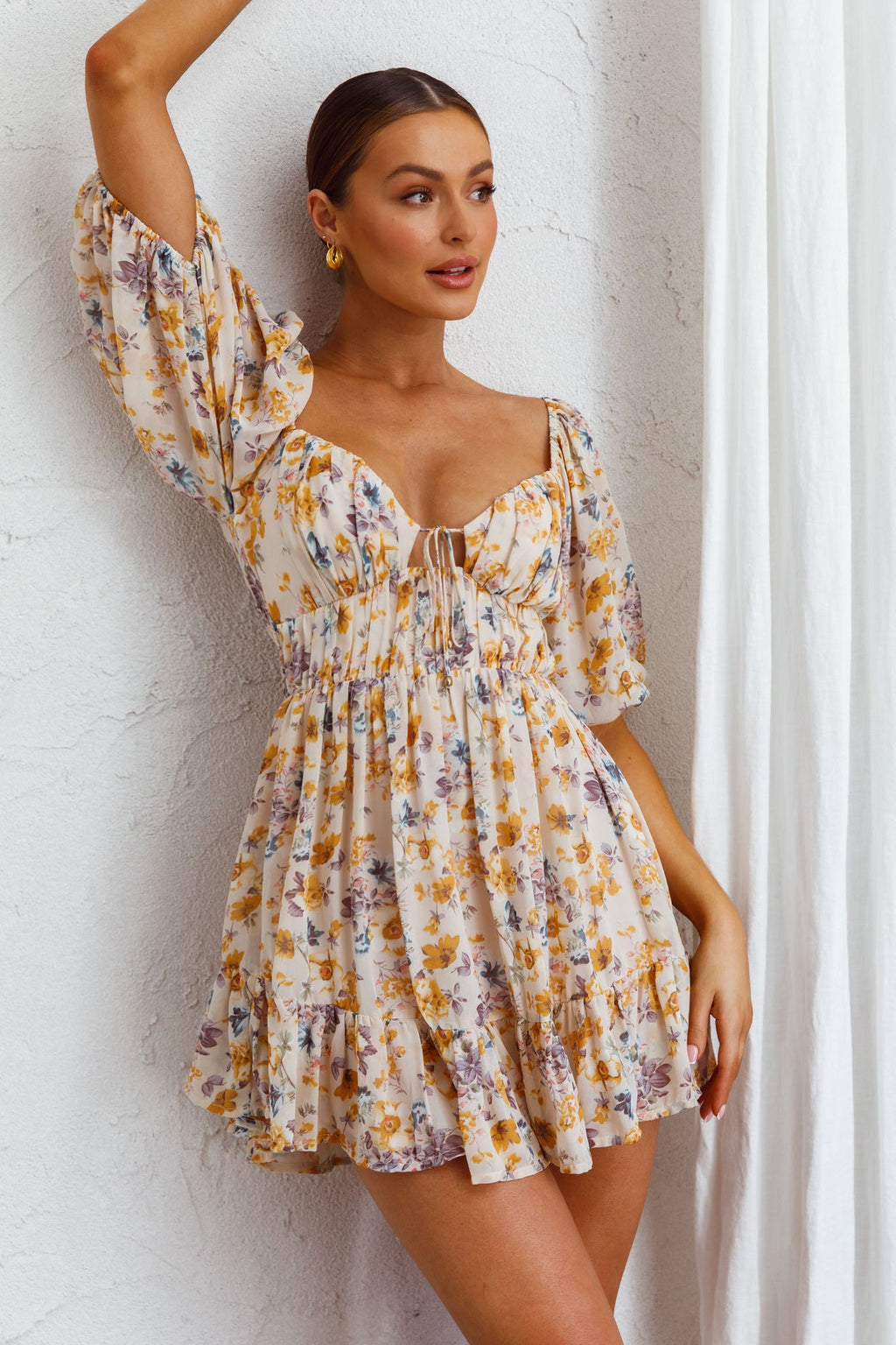 Vista Del Mar Tied Bust Mini Dress Floral Beige by Selfie Leslie