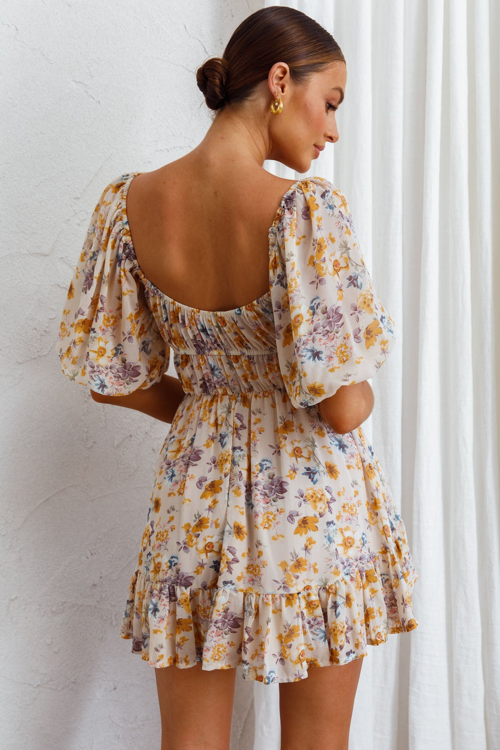 Vista Del Mar Tied Bust Mini Dress Floral Beige by Selfie Leslie