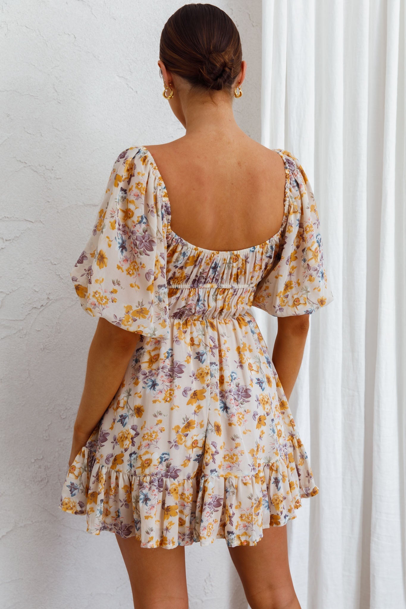 Vista Del Mar Tied Bust Mini Dress Floral Beige by Selfie Leslie