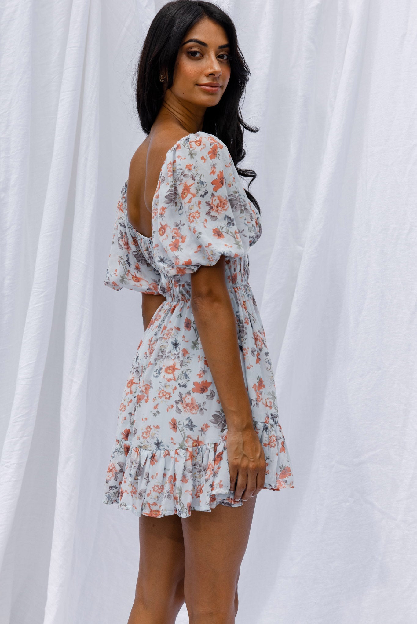 Vista Del Mar Tied Bust Mini Dress Floral Steel Blue by Selfie Leslie
