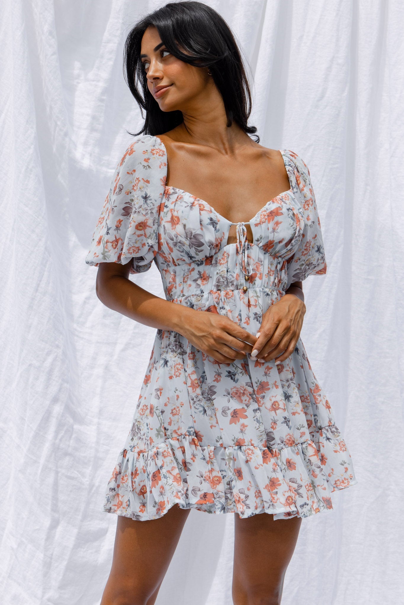 Vista Del Mar Tied Bust Mini Dress Floral Steel Blue by Selfie Leslie