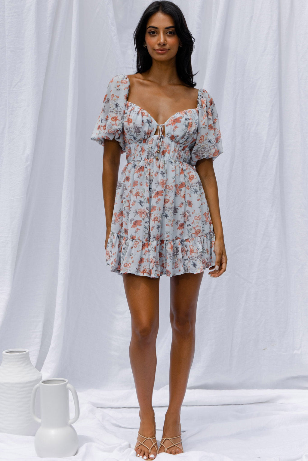 Vista Del Mar Tied Bust Mini Dress Floral Steel Blue by Selfie Leslie