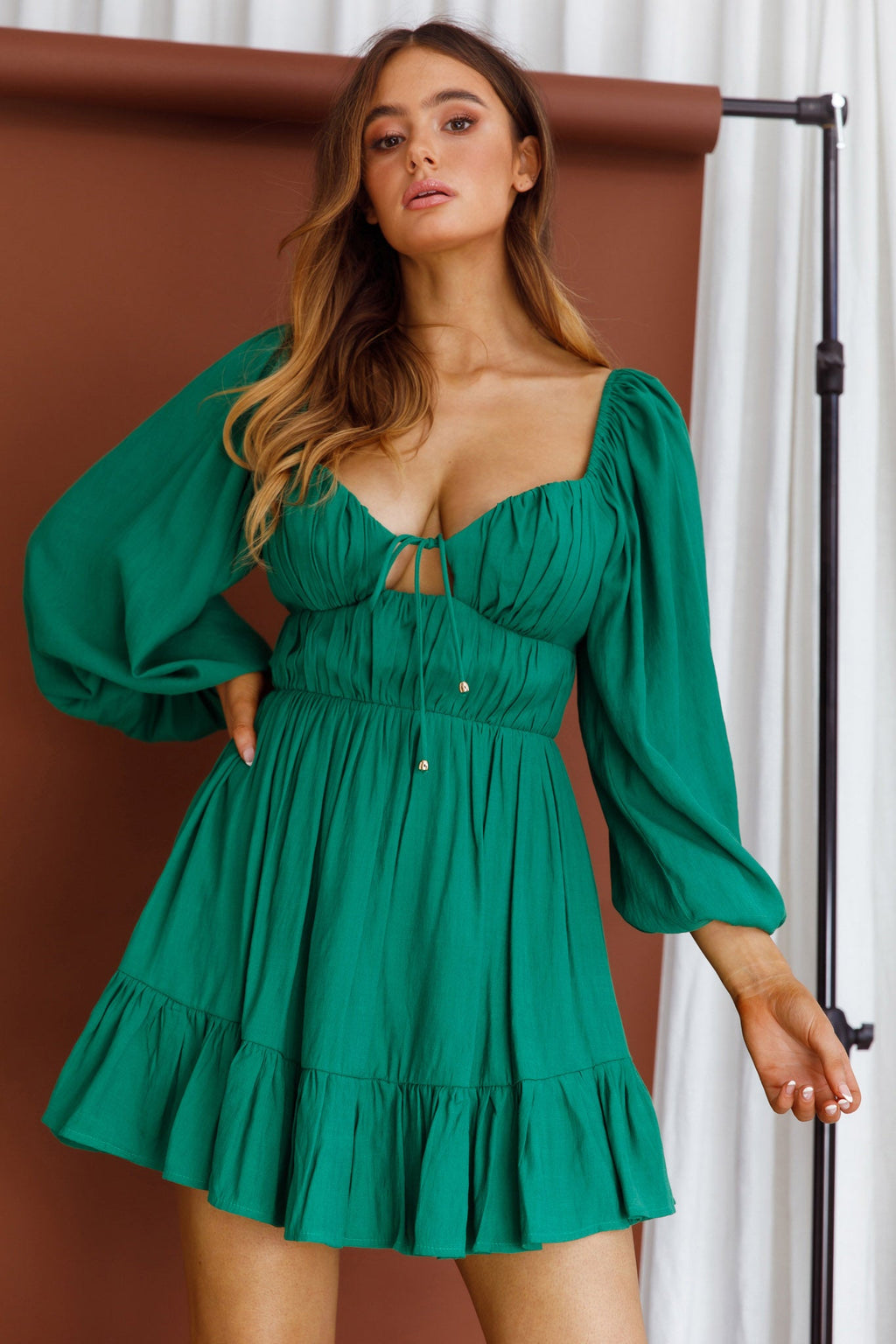 Vista Del Mar Tied Bust Mini Dress Dark Green by Selfie Leslie