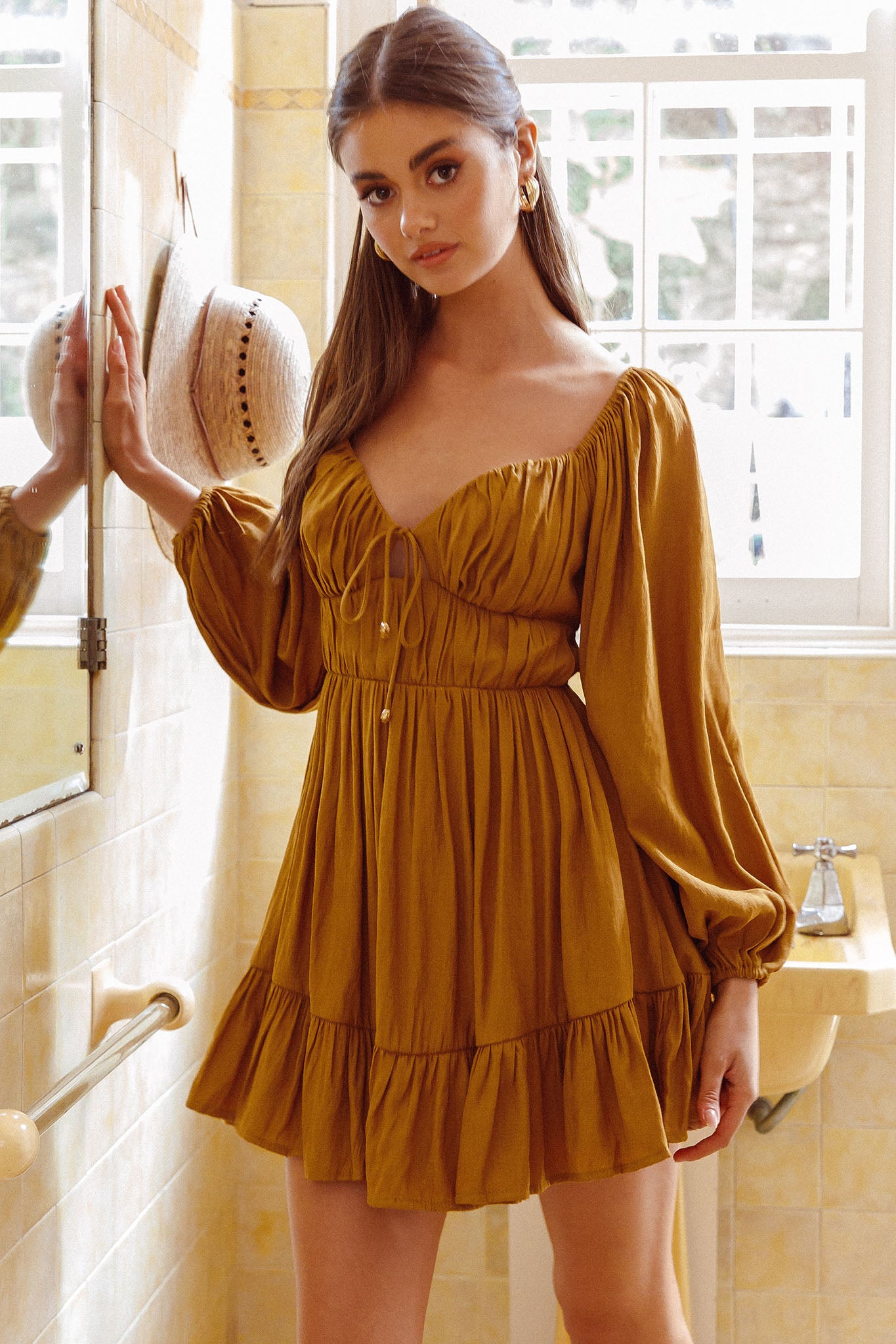 Vista Del Mar Tied Bust Mini Dress Tan by Selfie Leslie Australia