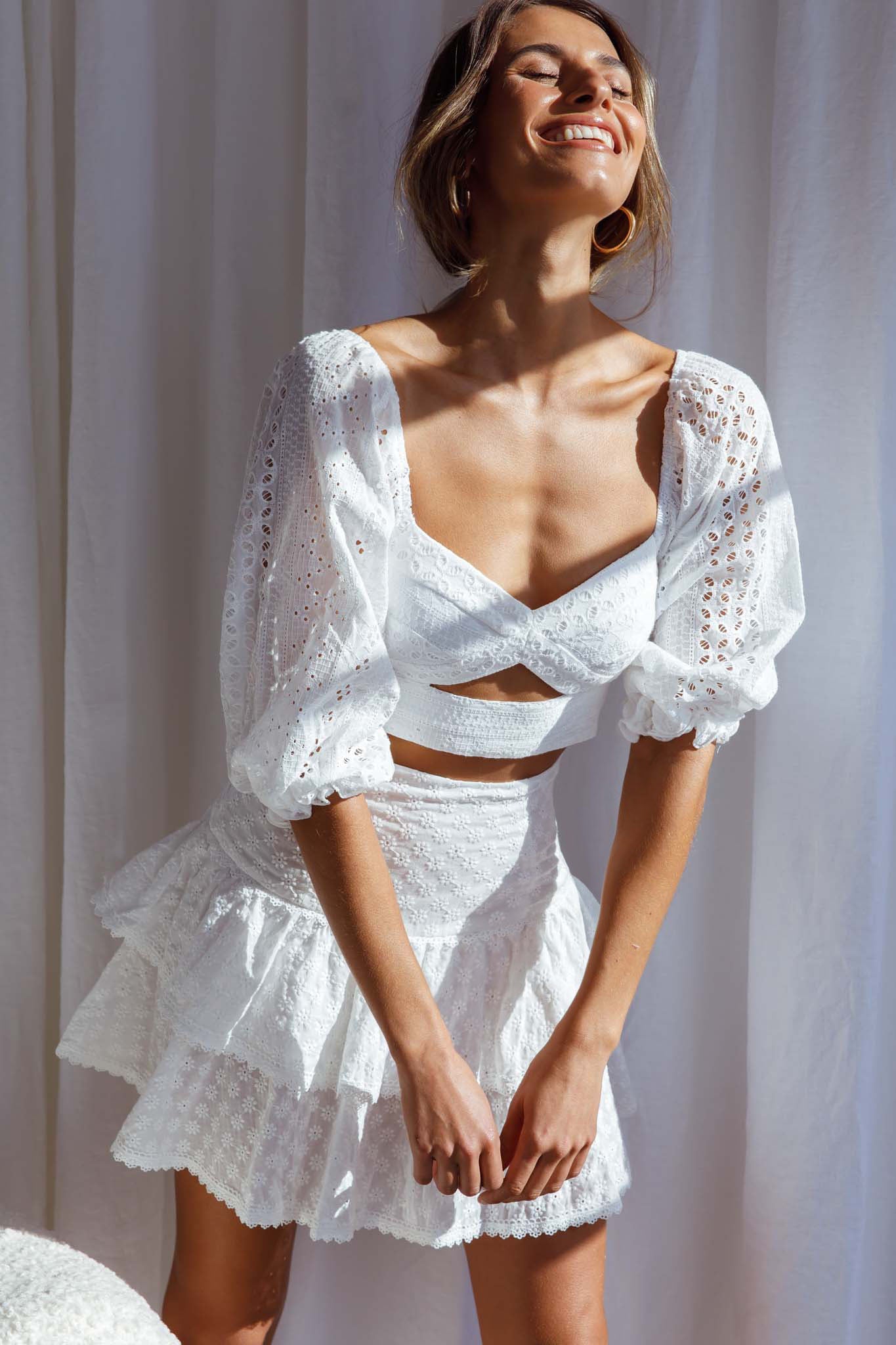 Aisha Puff Sleeve Tie Back Broderie Anglaise Crop Top White by Selfie Leslie