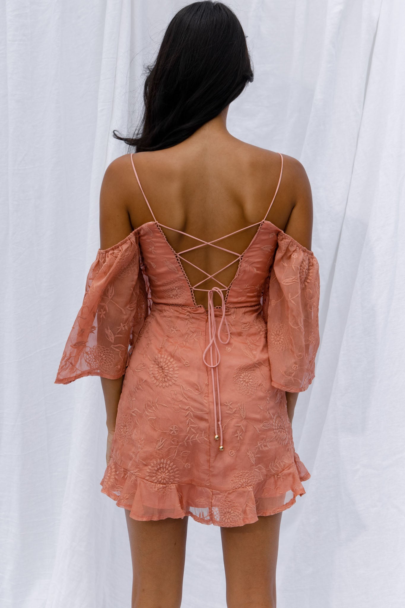 Koda Bell Sleeve Lace-Up Back Mini Dress Peach by Selfie Leslie