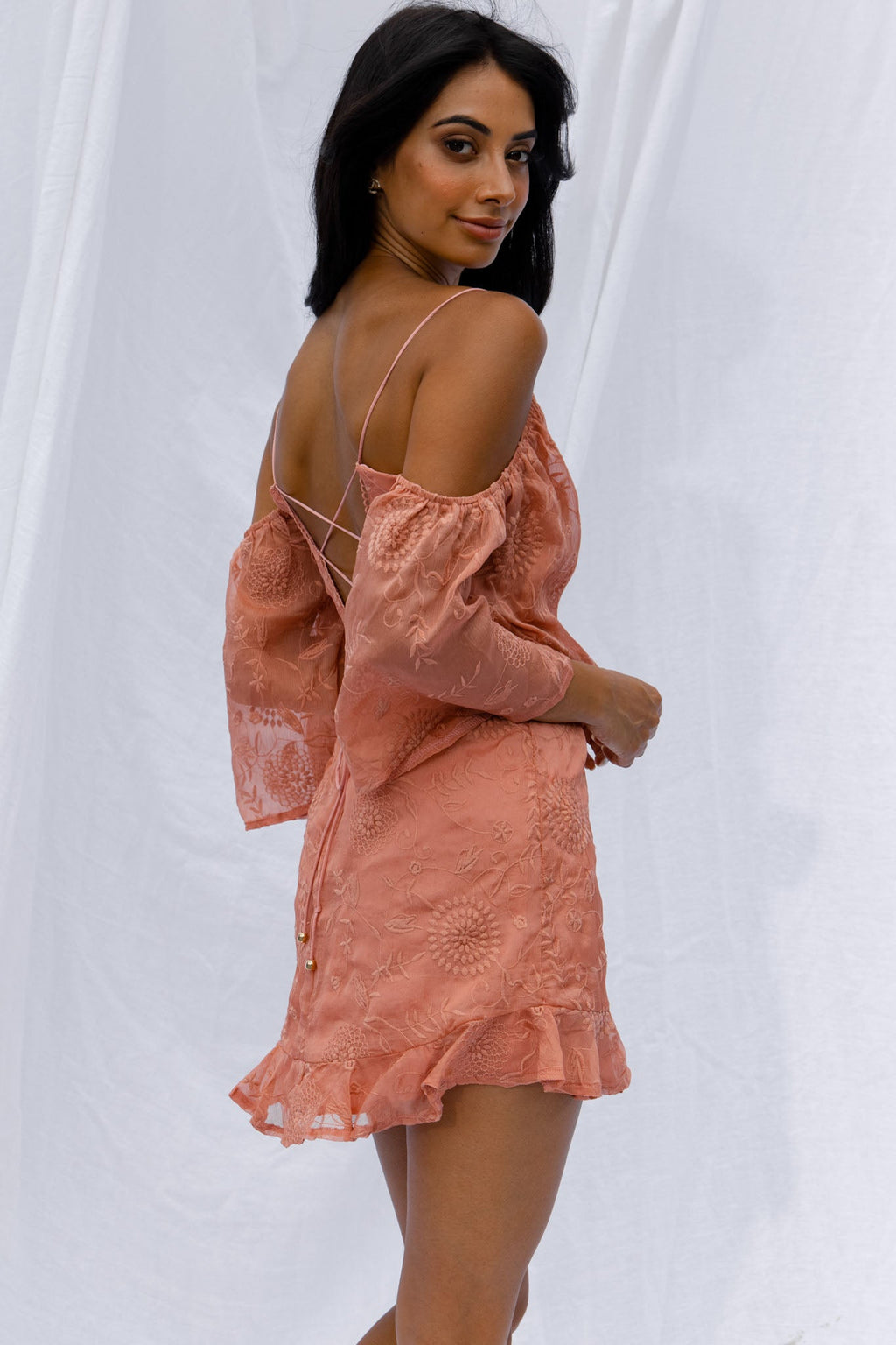 Koda Bell Sleeve Lace-Up Back Mini Dress Peach by Selfie Leslie