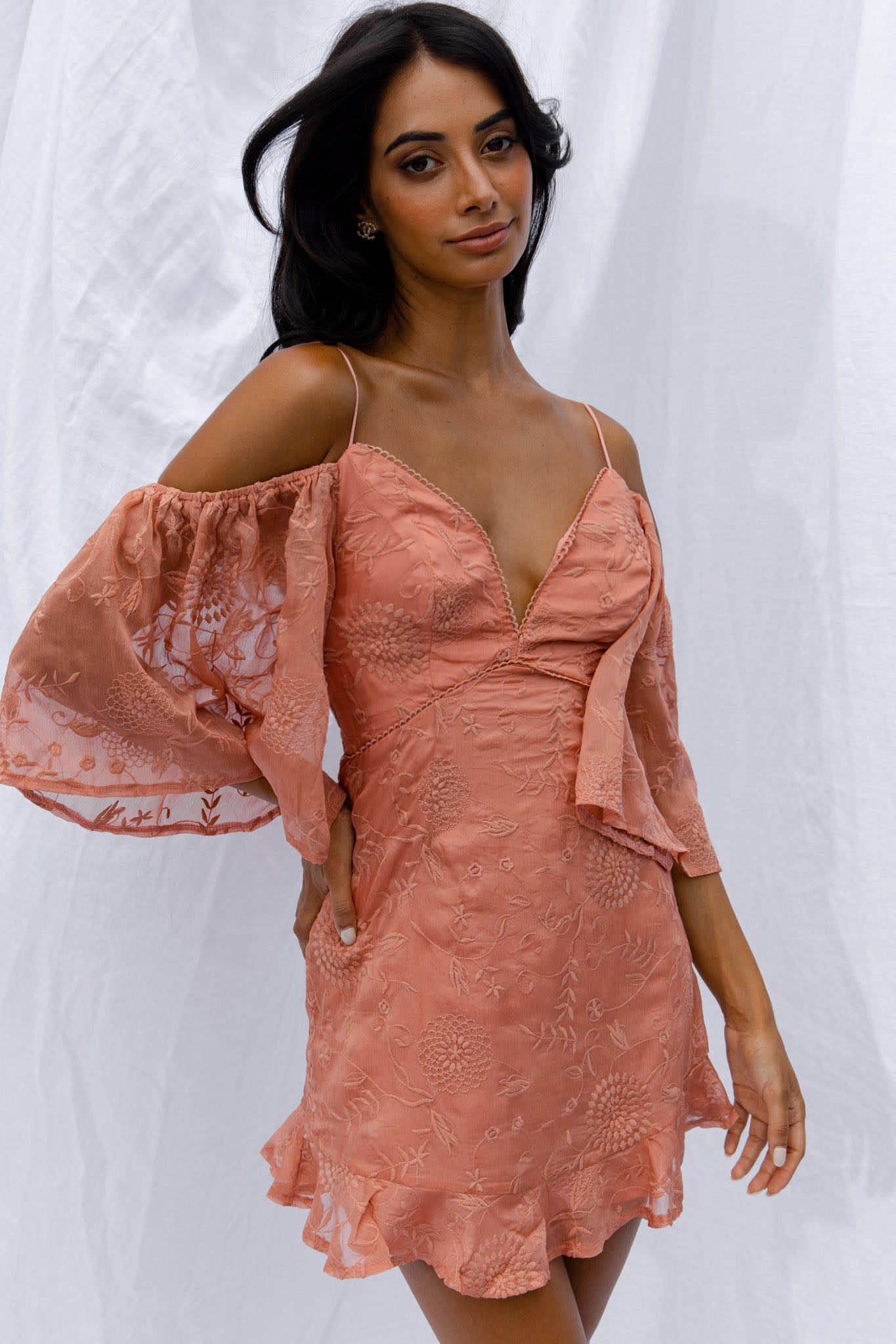 Koda Bell Sleeve Lace-Up Back Mini Dress Peach by Selfie Leslie