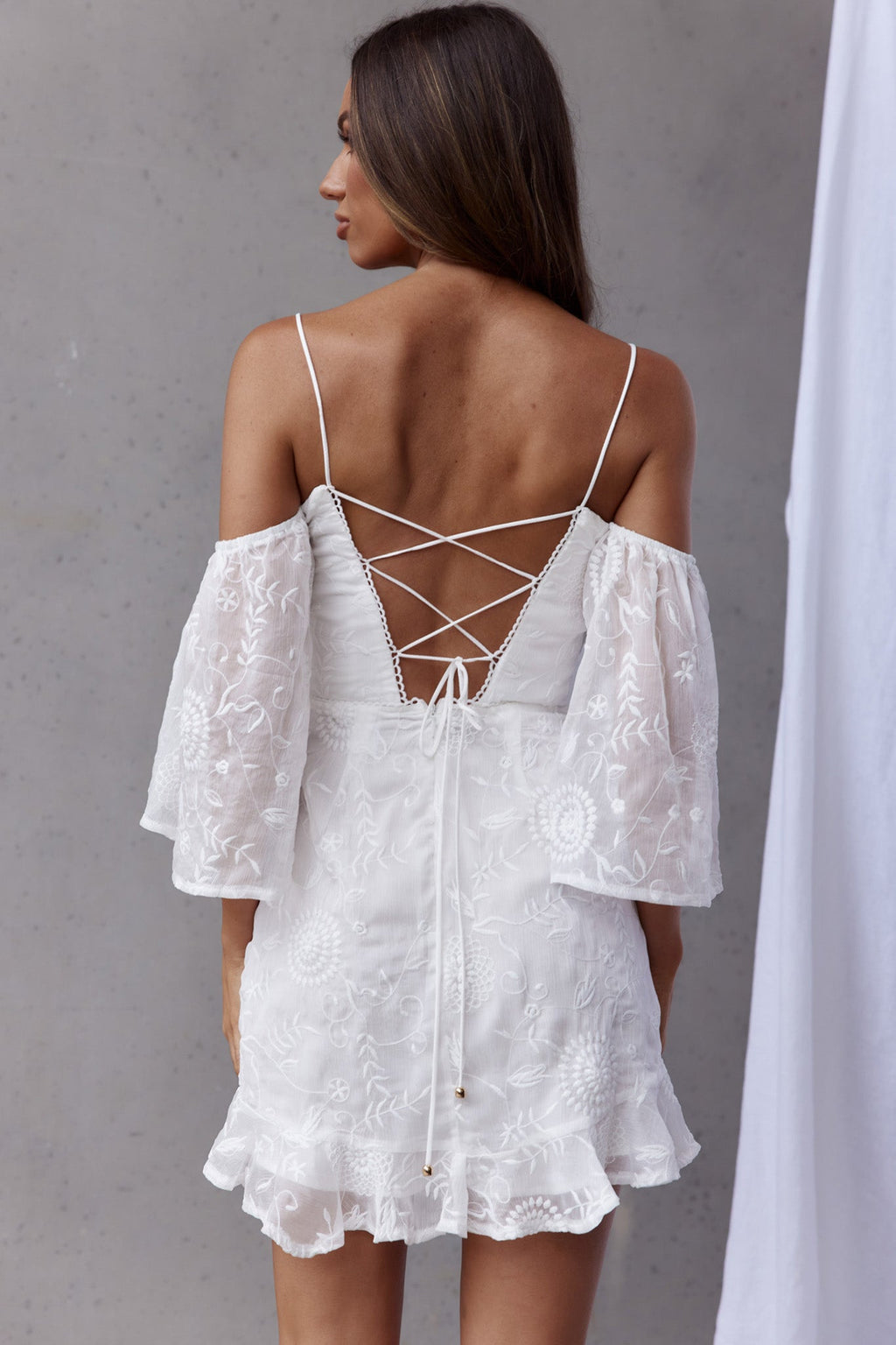 Koda Bell Sleeve Lace-Up Back Mini Dress White by Selfie Leslie