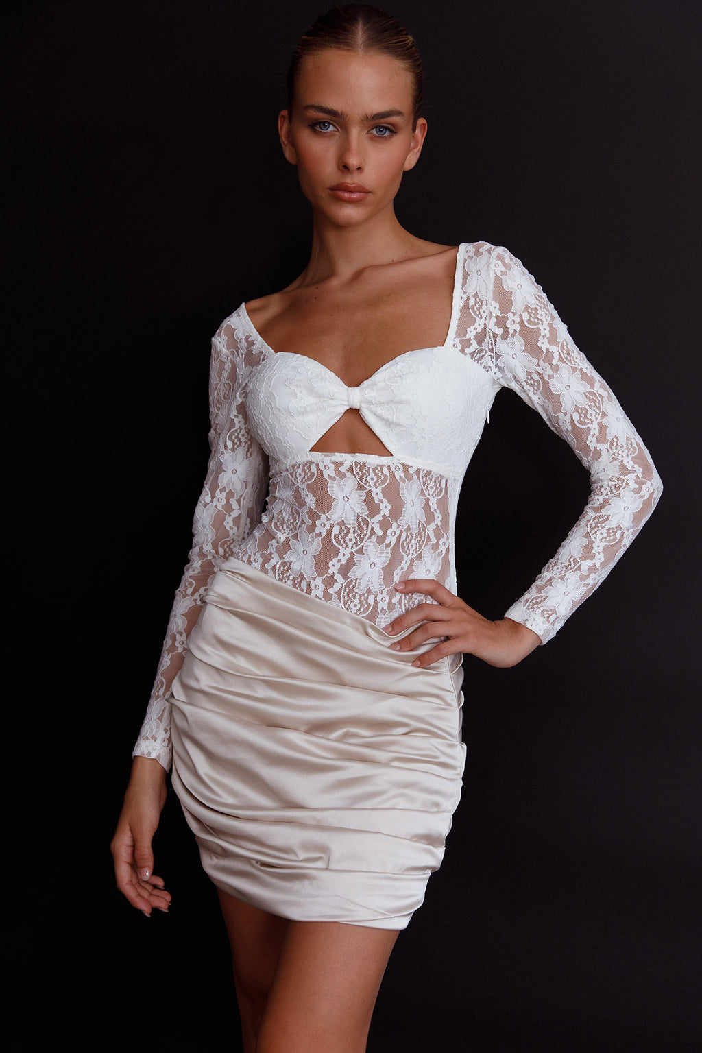 Asteria Long Sleeve Lace Bodysuit White by Selfie Leslie