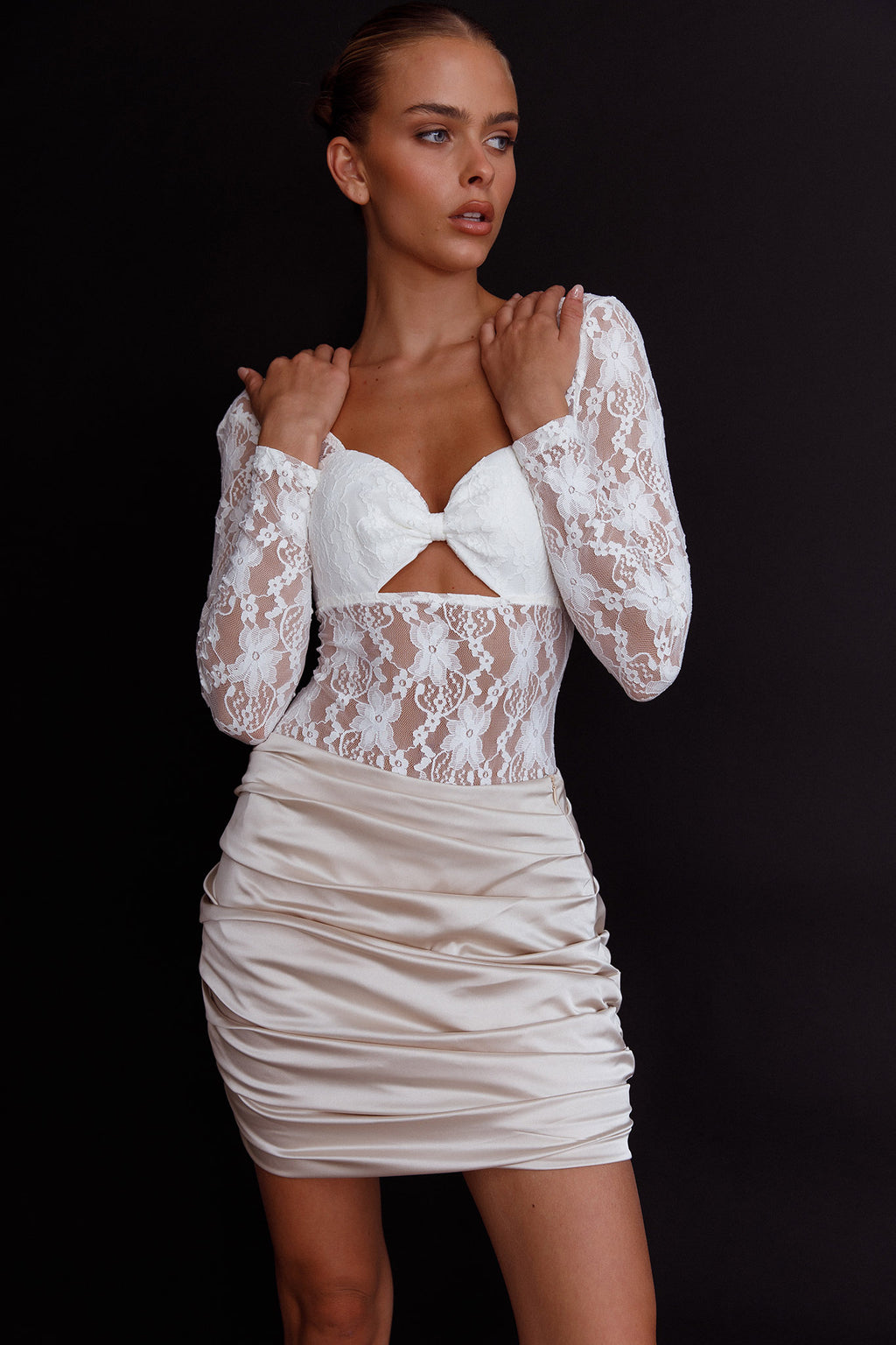 Asteria Long Sleeve Lace Bodysuit White by Selfie Leslie