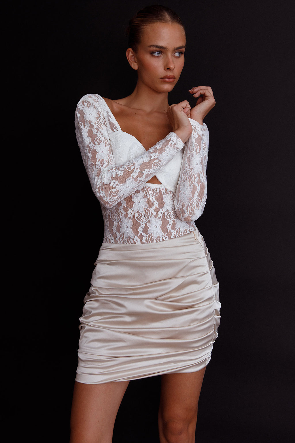 Asteria Long Sleeve Lace Bodysuit White by Selfie Leslie