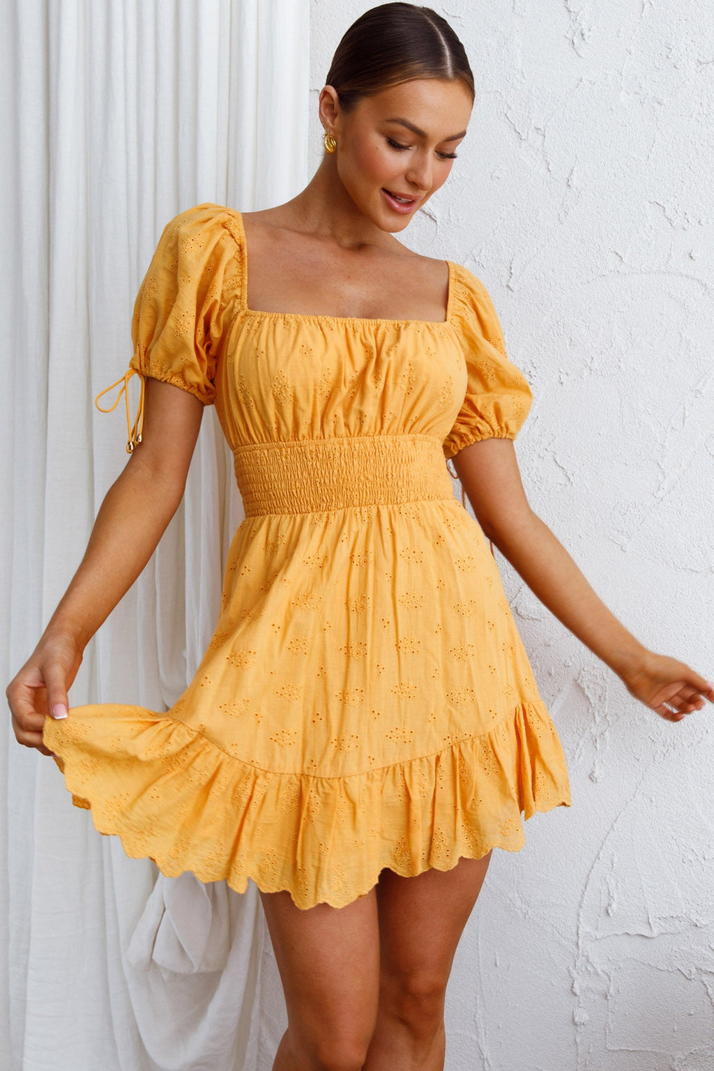 Sweet Devotion Puff Sleeve Shirred Waist Eyelet Mini Dress Orange by Selfie Leslie