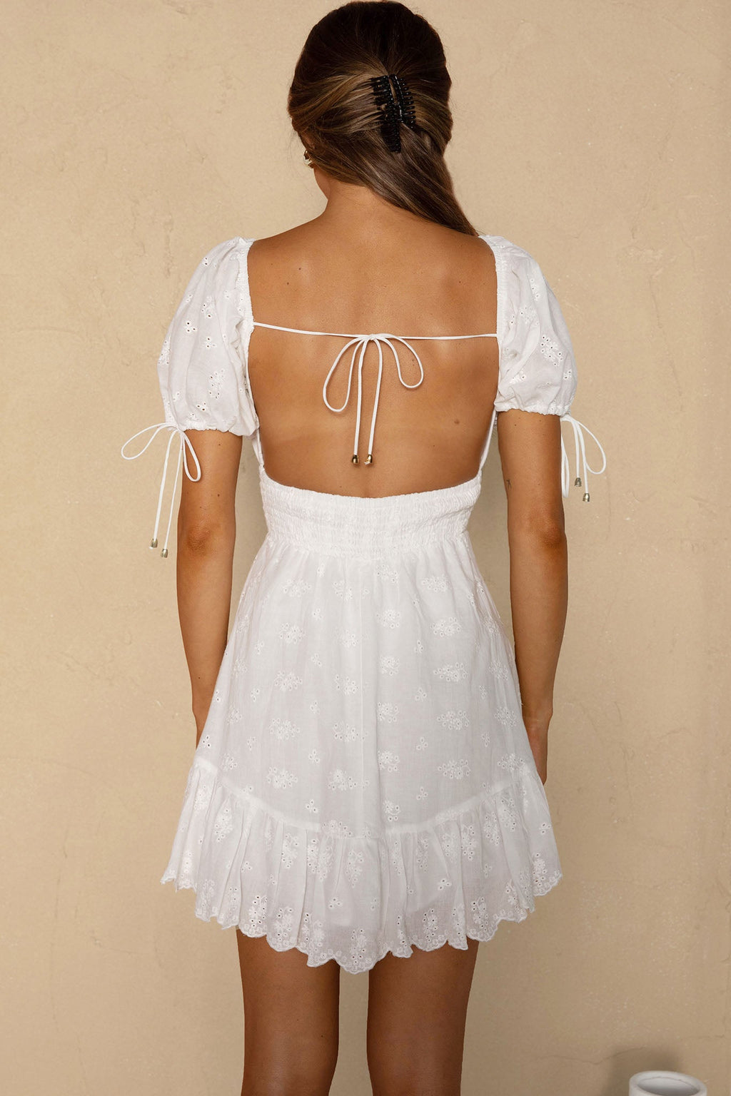 Sweet Devotion Puff Sleeve Shirred Waist Eyelet Mini Dress White by Selfie Leslie
