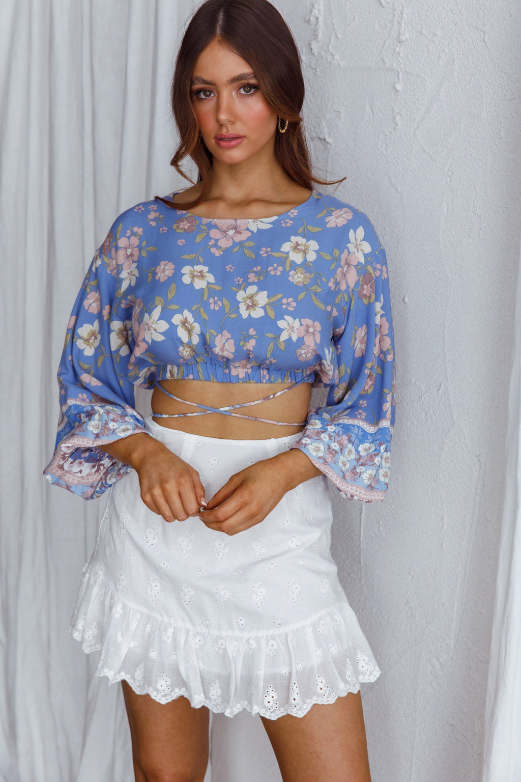 Sea View Long Sleeve Crop Top Floral Blue by Selfie Leslie