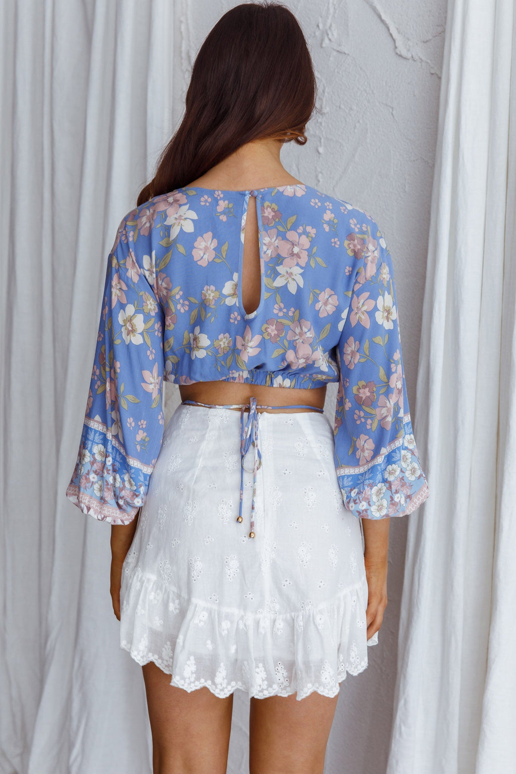 Sea View Long Sleeve Crop Top Floral Blue by Selfie Leslie