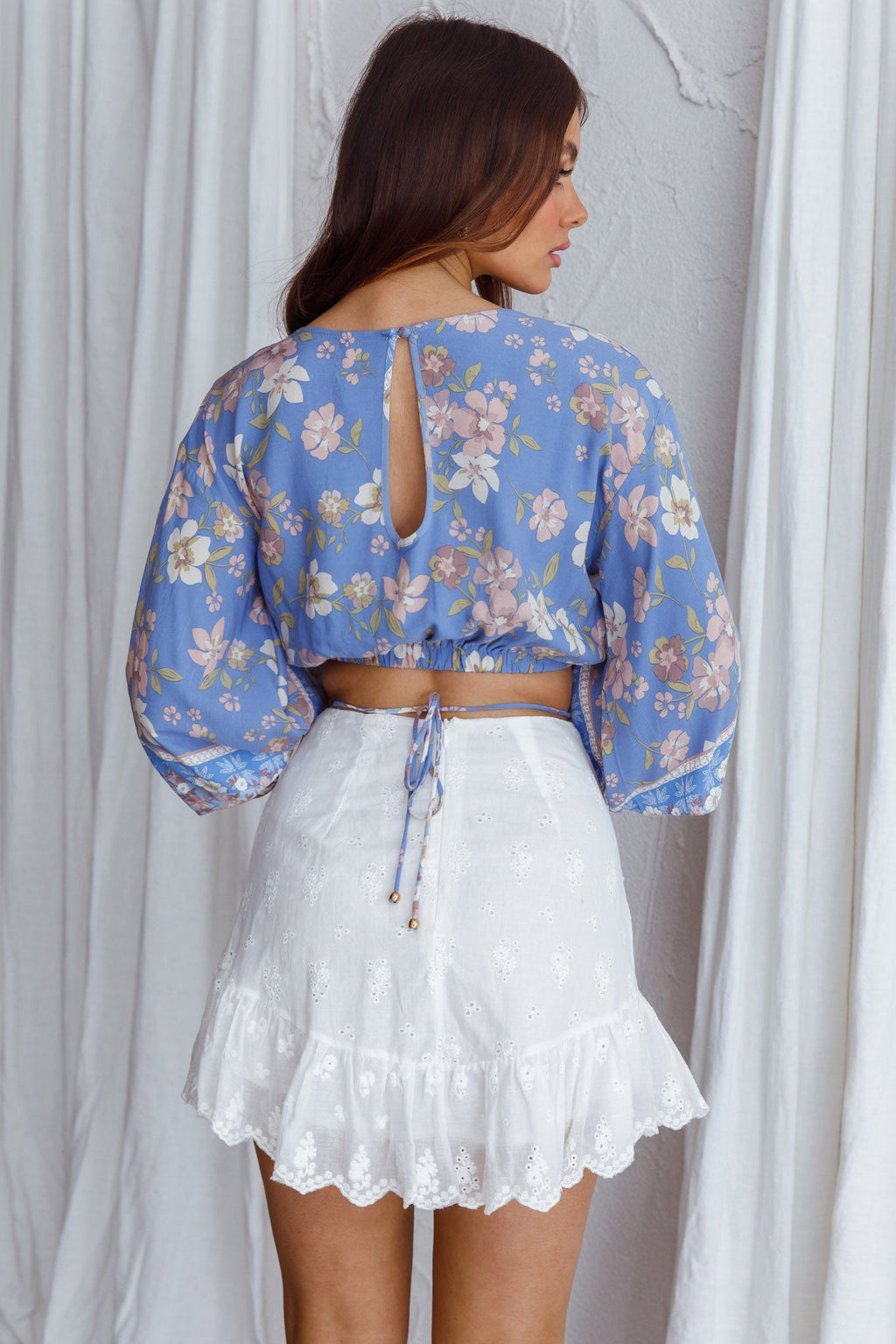 Sea View Long Sleeve Crop Top Floral Blue by Selfie Leslie