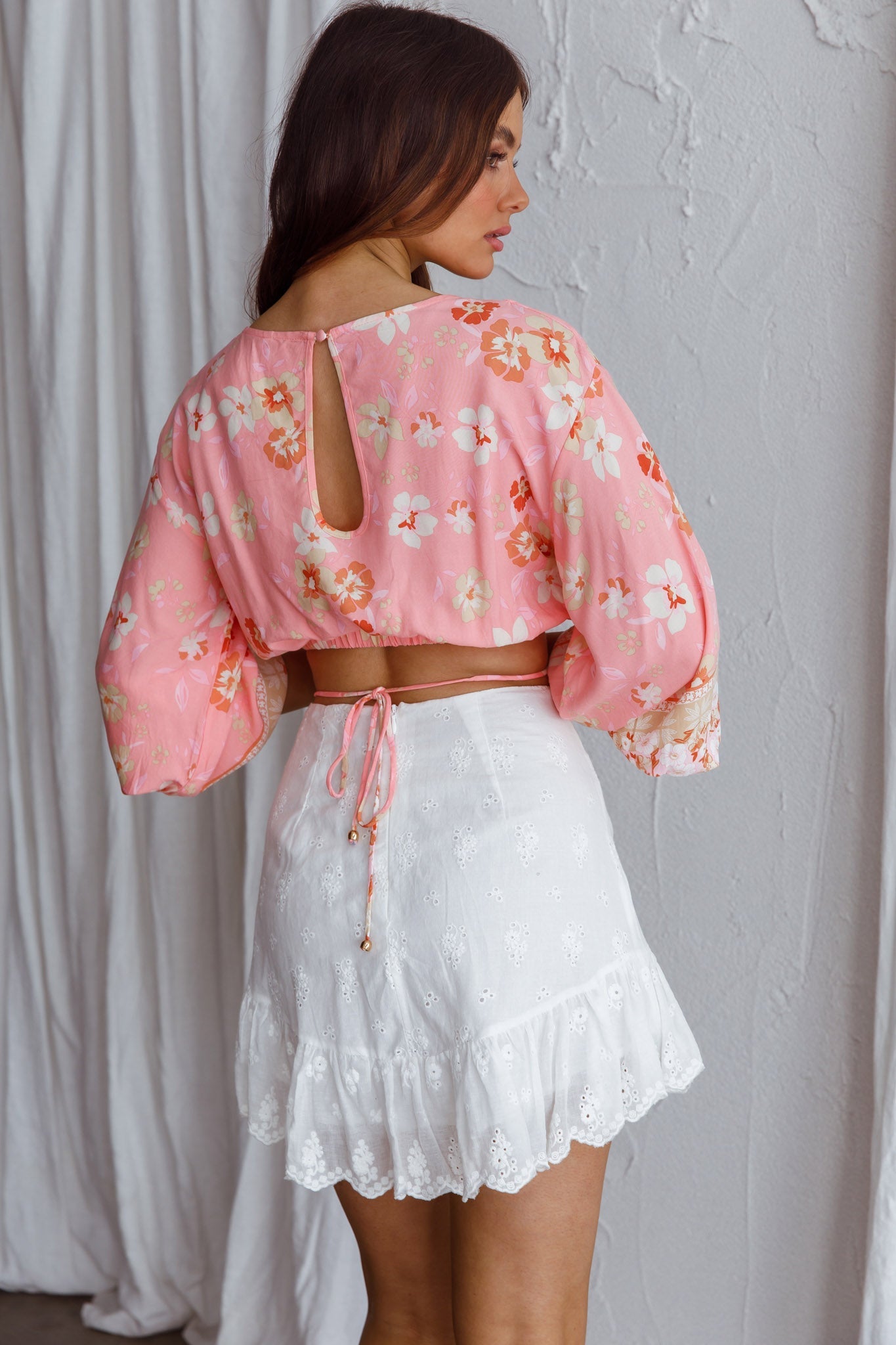 Sea View Long Sleeve Crop Top Floral Pink by Selfie Leslie