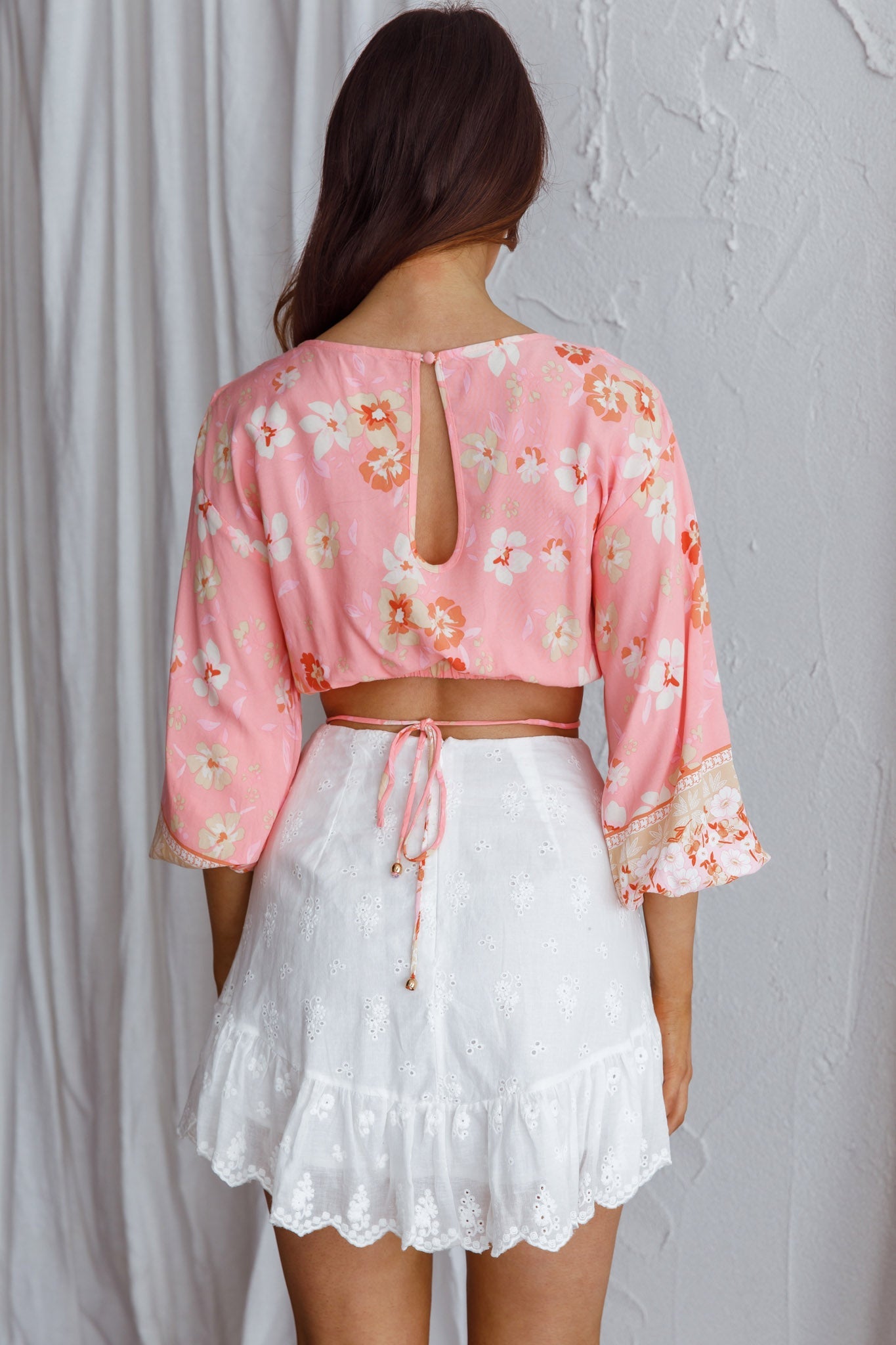 Sea View Long Sleeve Crop Top Floral Pink by Selfie Leslie