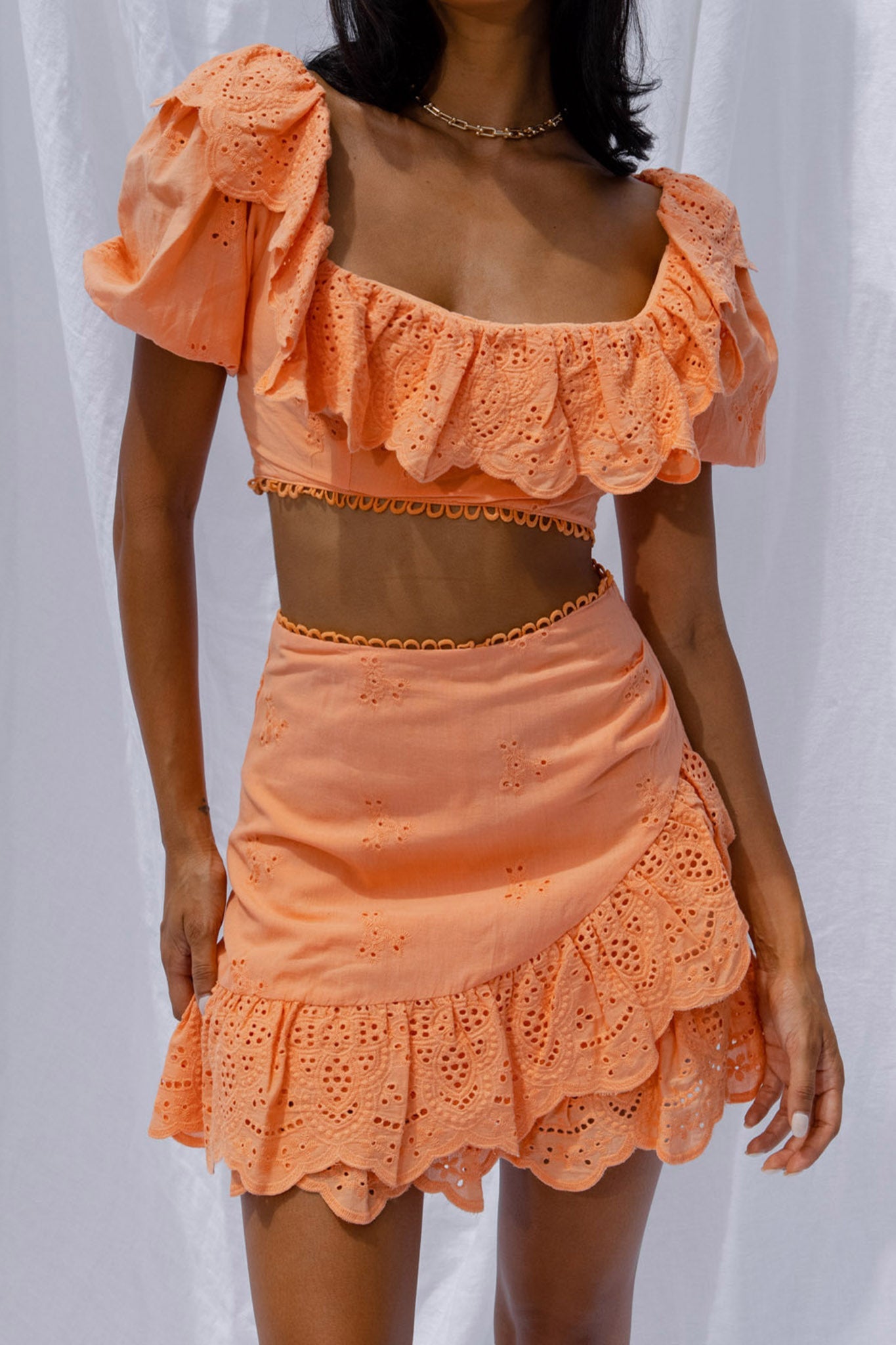 New Moon Scalloped Ruffle Trim Eyelet Skirt Orange by Selfie Leslie