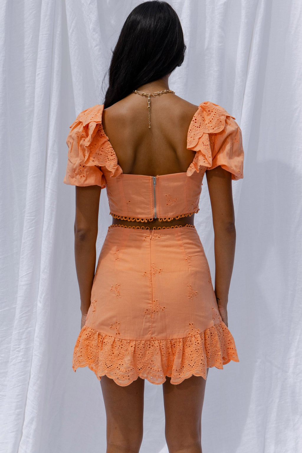 New Moon Scalloped Ruffle Trim Eyelet Skirt Orange by Selfie Leslie