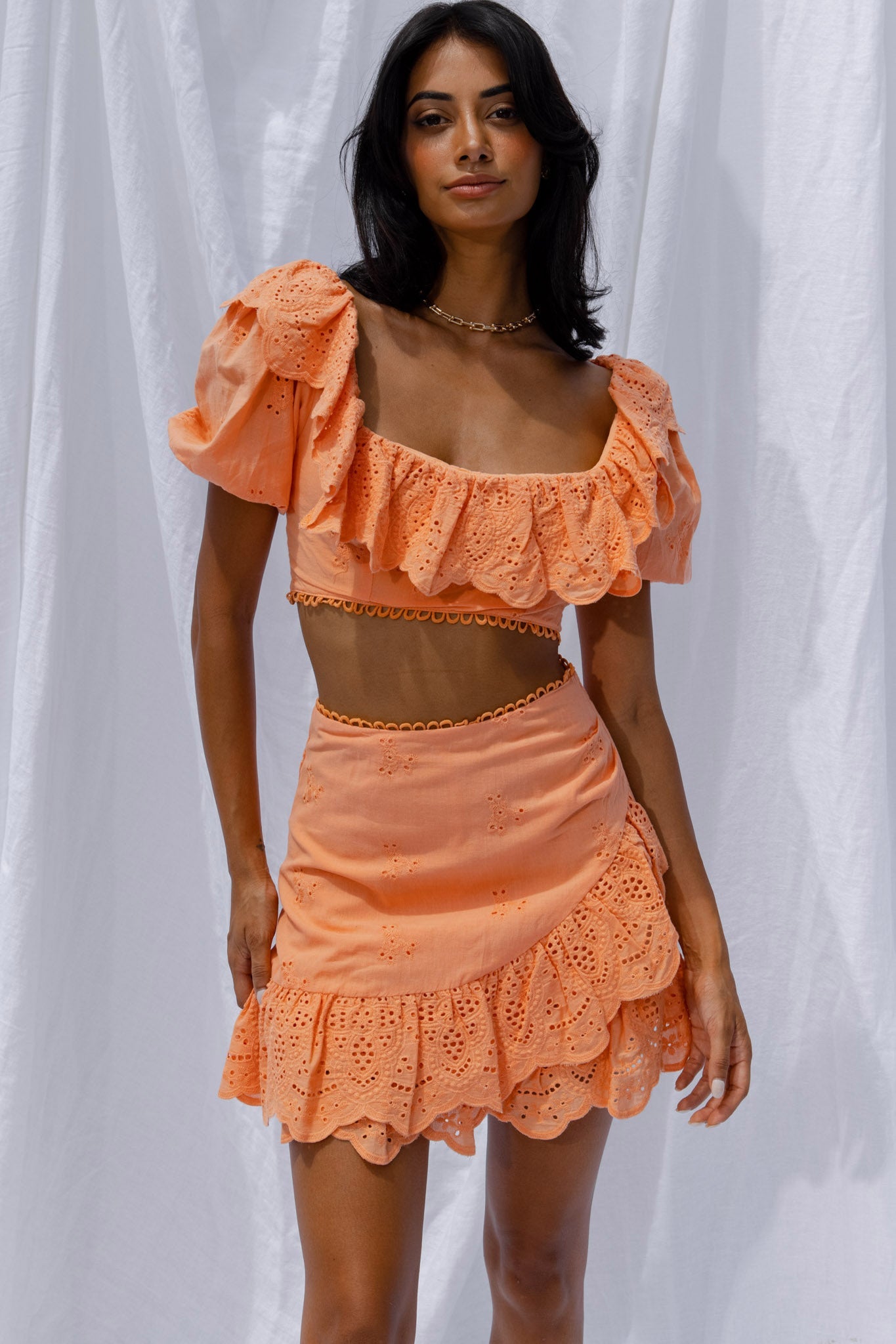 New Moon Scalloped Ruffle Trim Eyelet Skirt Orange by Selfie Leslie
