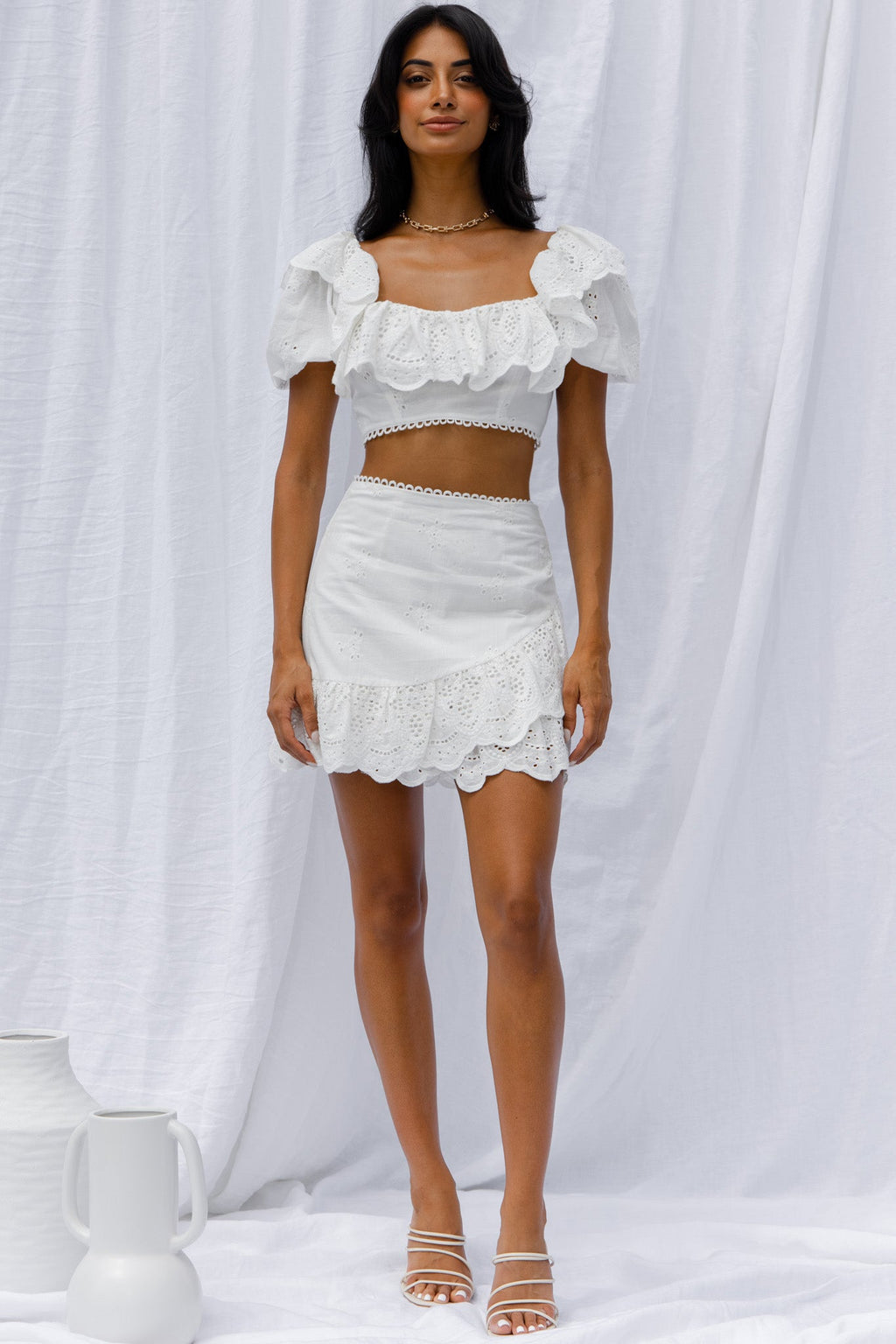 New Moon Ruffle Trim Puff Sleeve Eyelet Crop Top White by Selfie Leslie