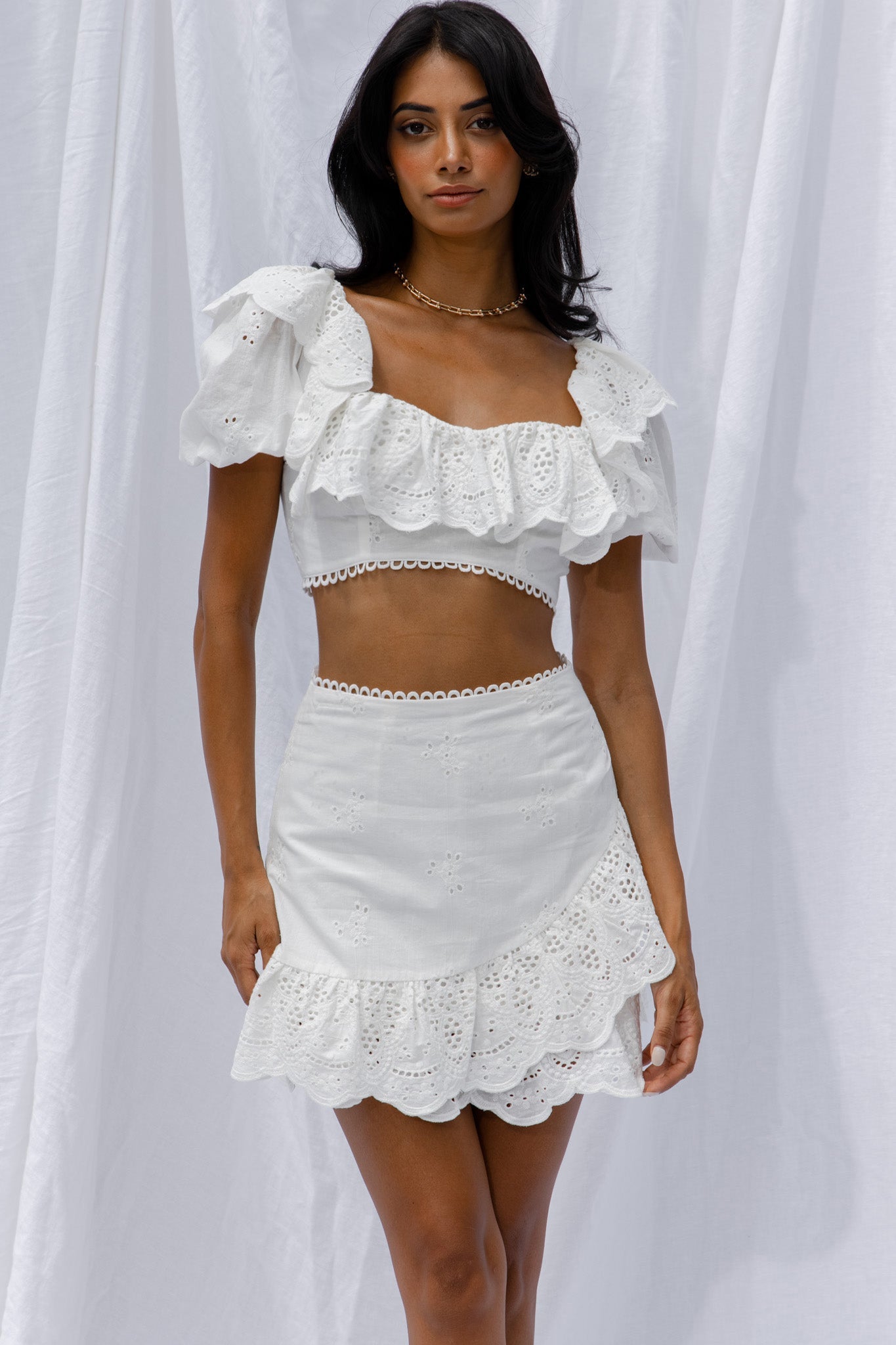 New Moon Ruffle Trim Puff Sleeve Eyelet Crop Top White by Selfie Leslie