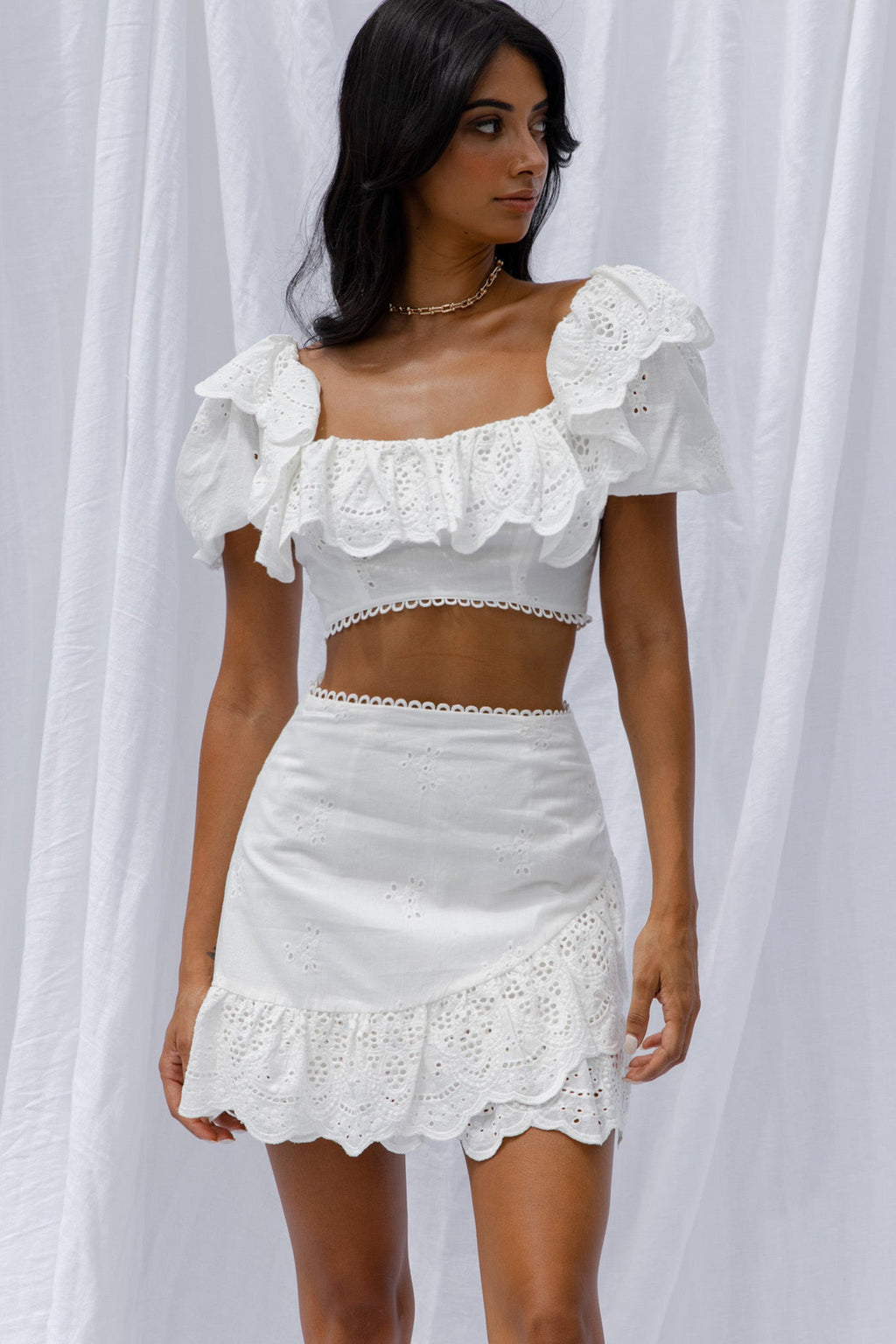 New Moon Ruffle Trim Puff Sleeve Eyelet Crop Top White by Selfie Leslie