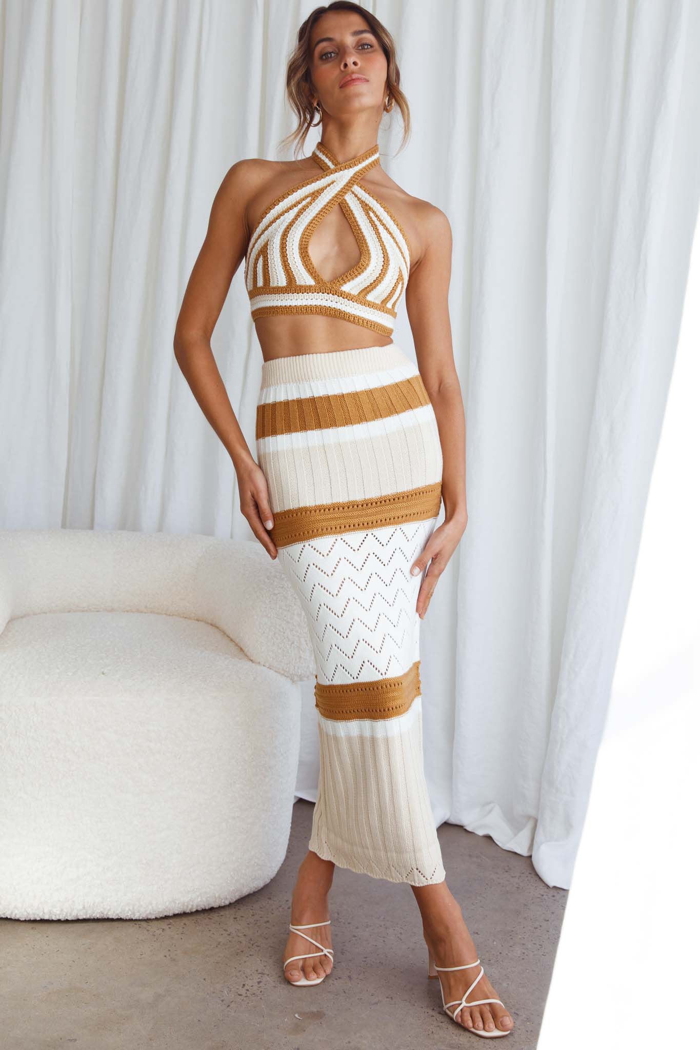Higher Love Knit Maxi Skirt Striped Camel by Selfie Leslie
