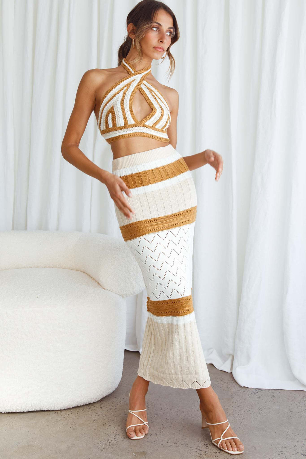 Higher Love Knit Maxi Skirt Striped Camel by Selfie Leslie