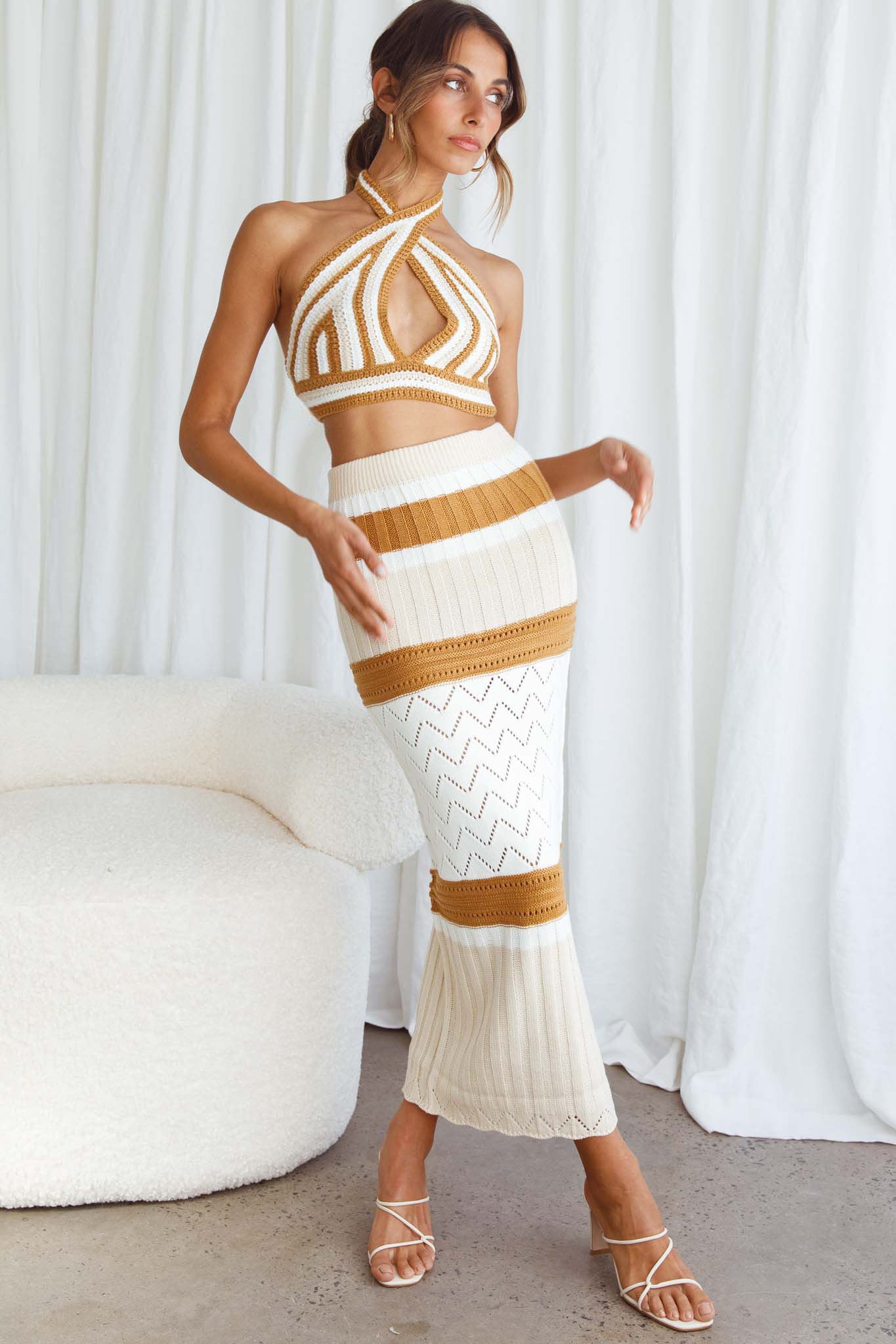 Higher Love Knit Maxi Skirt Striped Camel by Selfie Leslie