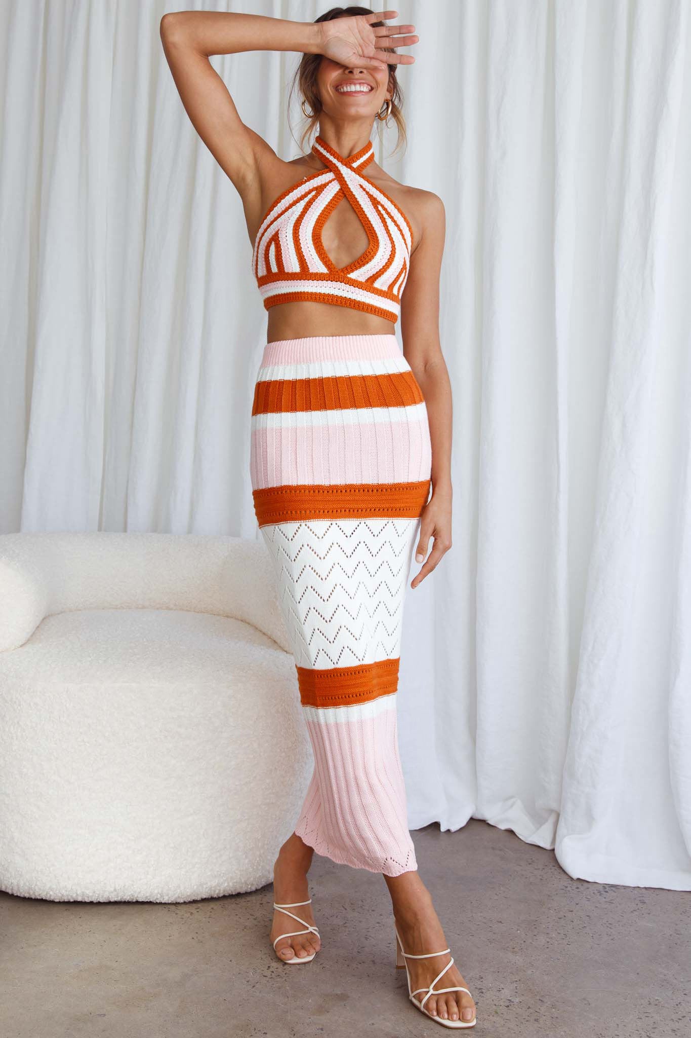 Higher Love Knit Maxi Skirt Striped Orange by Selfie Leslie