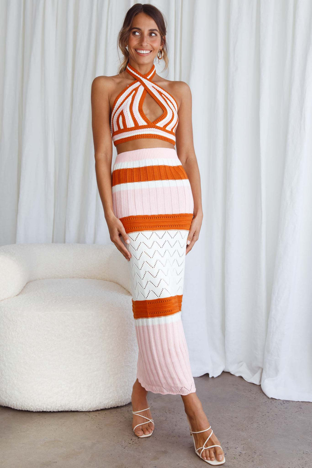 Higher Love Knit Maxi Skirt Striped Orange by Selfie Leslie