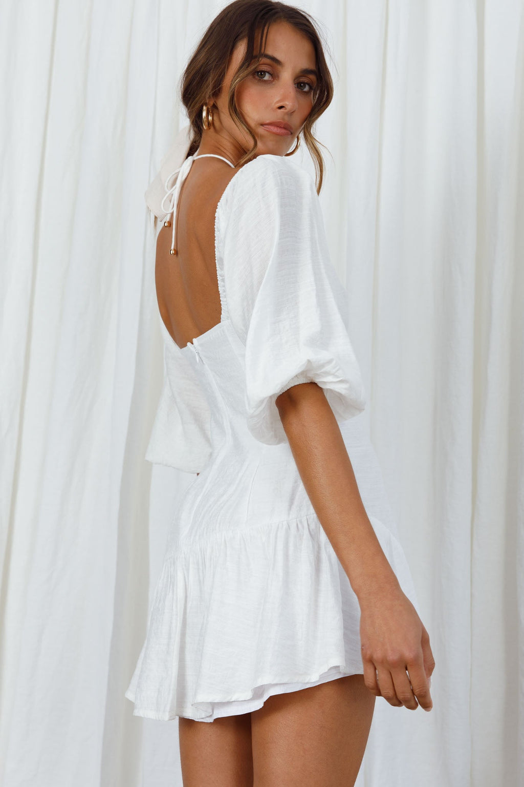 Summertime String-Tie Halterneck Puff Sleeve Mini Dress White by Selfie Leslie