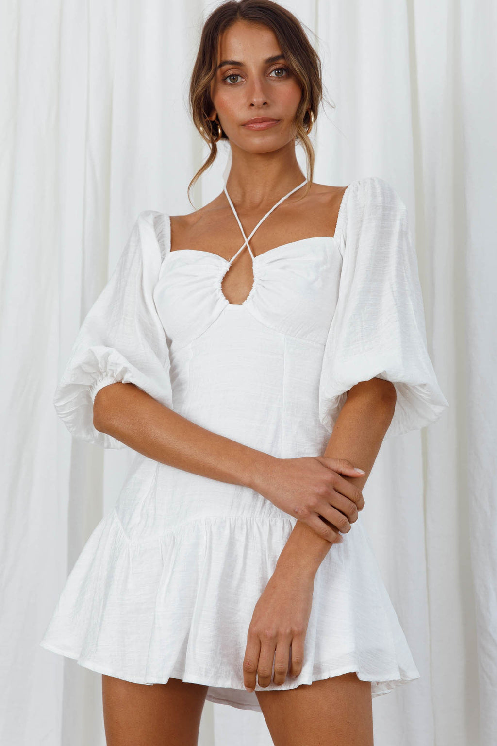 Summertime String-Tie Halterneck Puff Sleeve Mini Dress White by Selfie Leslie